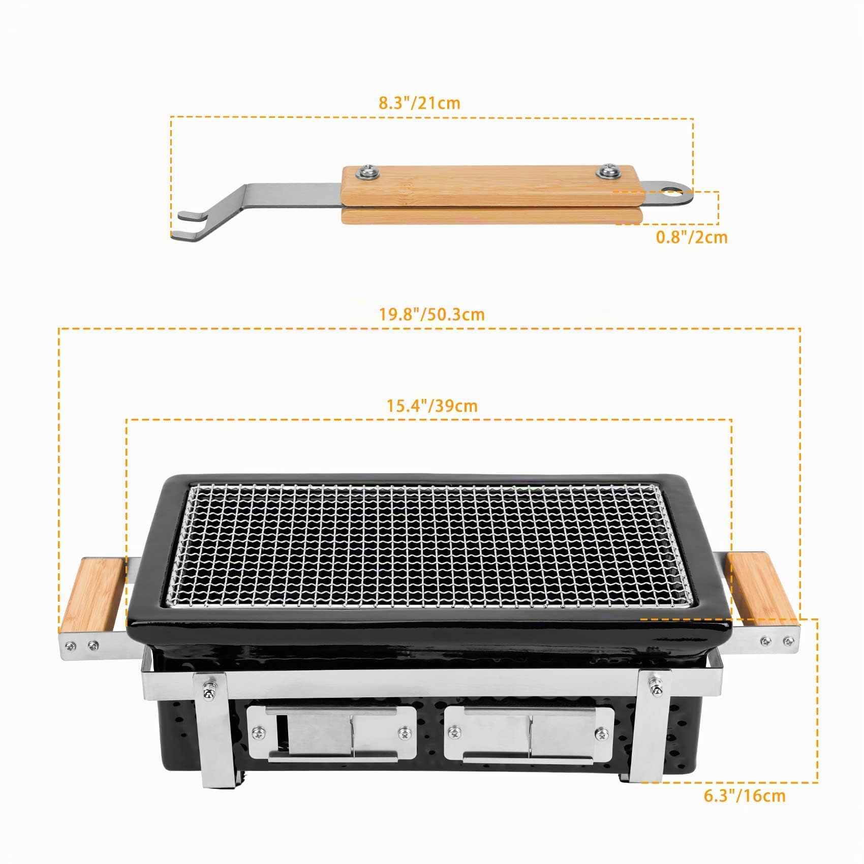 Onlyfire Barbecues à Charbon, Grille de Charbon en Céramique, Rectangulaire, Barbecue Charbon de Bois Portable, Hibachi Gril D'intérieur, Barbecue Camping