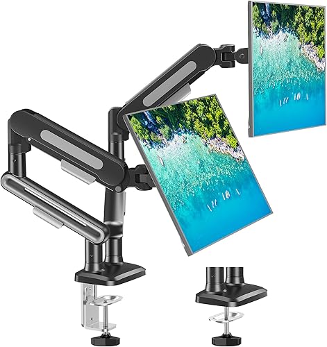 Soporte de escritorio para dos monitores, aluminio fundido, soporte de monitor ajustable en altura, brazo de monitor articulado con resorte de gas -