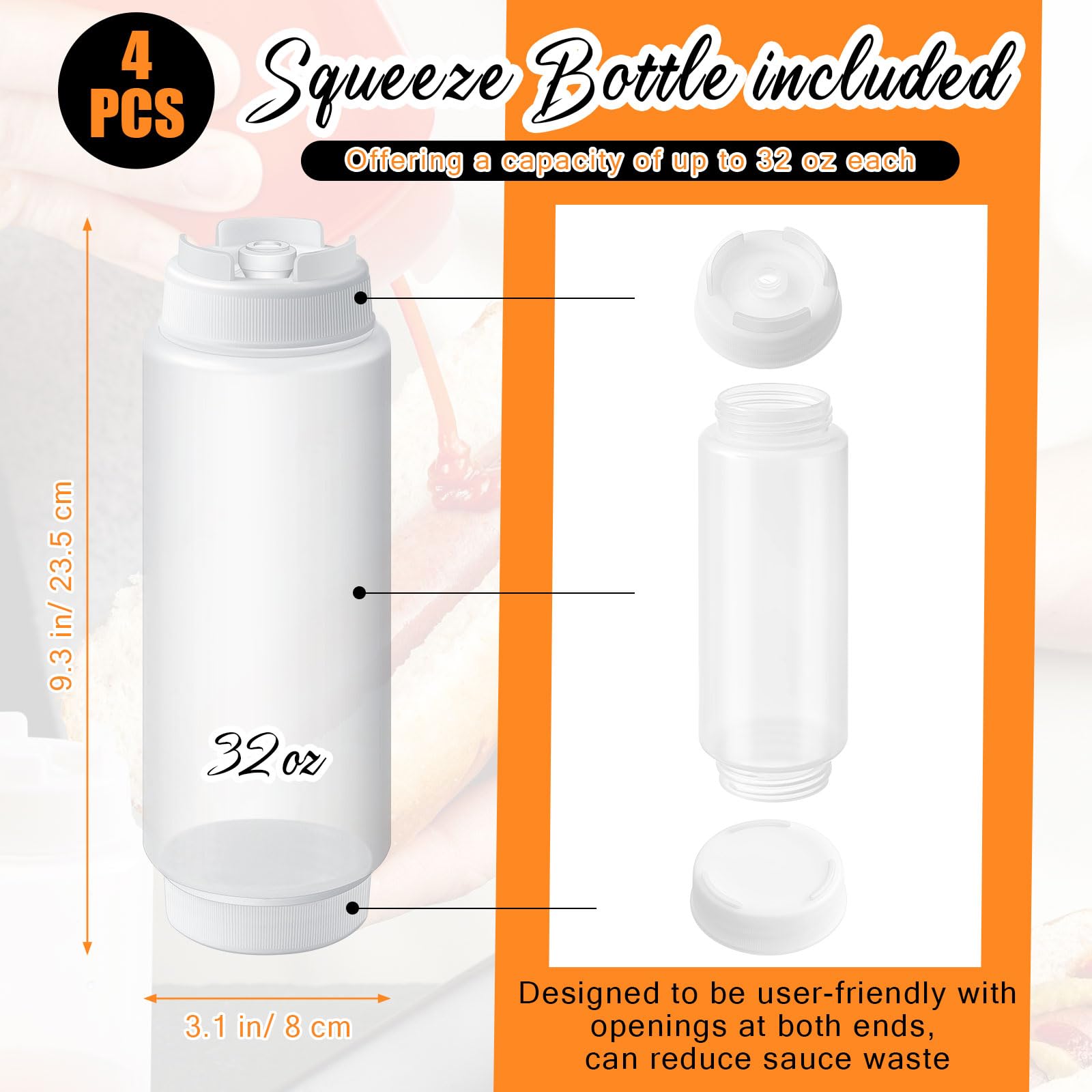 4 botellas exprimibles de condimentos de 32 onzas para restaurantes, salsas de plástico, dispensador de ketchup, botellas de aderezo grandes y transparentes para restaurante, cocina, catering
