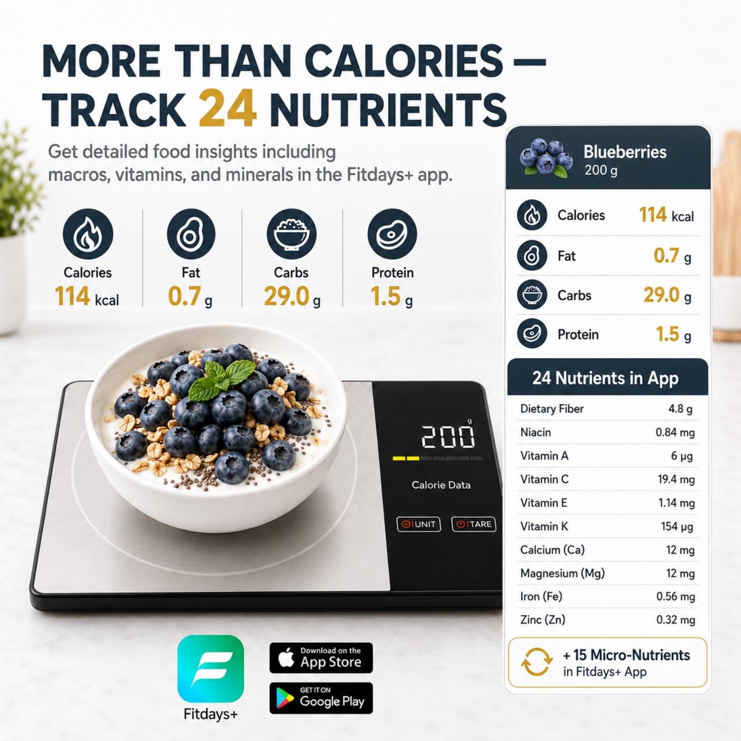 Smart Nutrition - Bilancia digitale da cucina con app calcolatrice nutrizionale, funzione tara, traccia calorie e 19 nutrienti, 5 kg, grammi/oncia, in acciaio inox per dimagrire e dieta