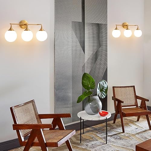 Miniatura 7 de Lámparas doradas para baño, iluminación moderna sobre espejo, aplique de pared de latón cepillado de mediados de siglo, 3 luces con pantallas de