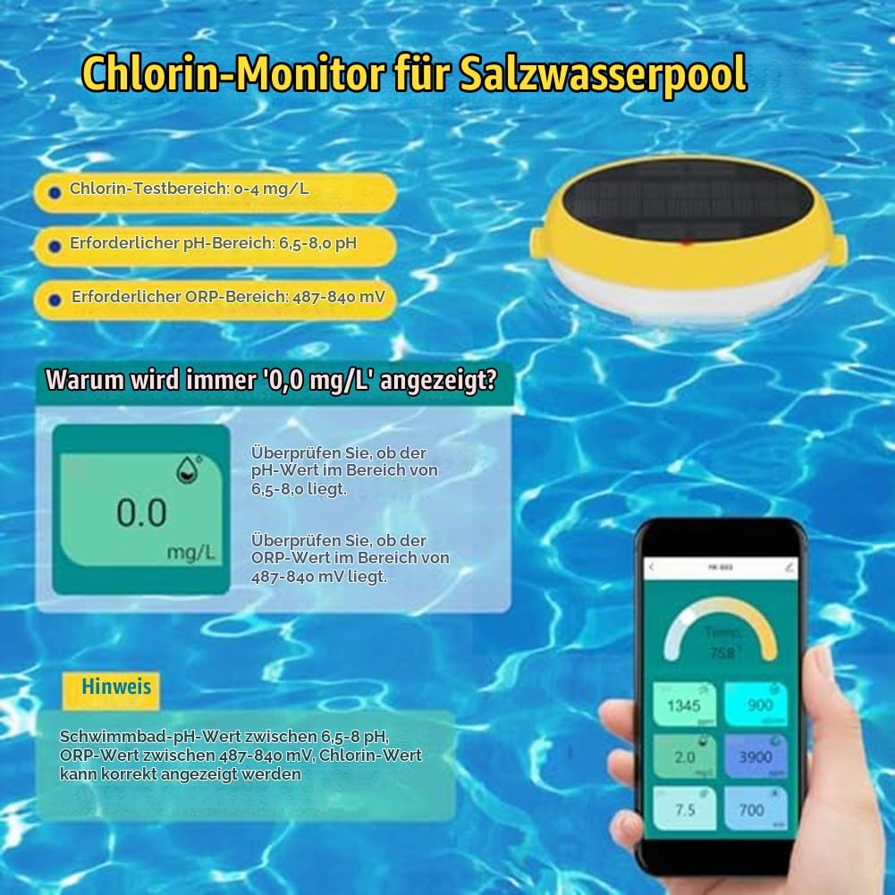 7-in-1 Smart Pool Wasserqualitätsmonitor für Tuya, pH/Salz/ORP/CL/Leitfähigkeit/Temperatur, Schwimmbecken Tester mit App-Zugriff