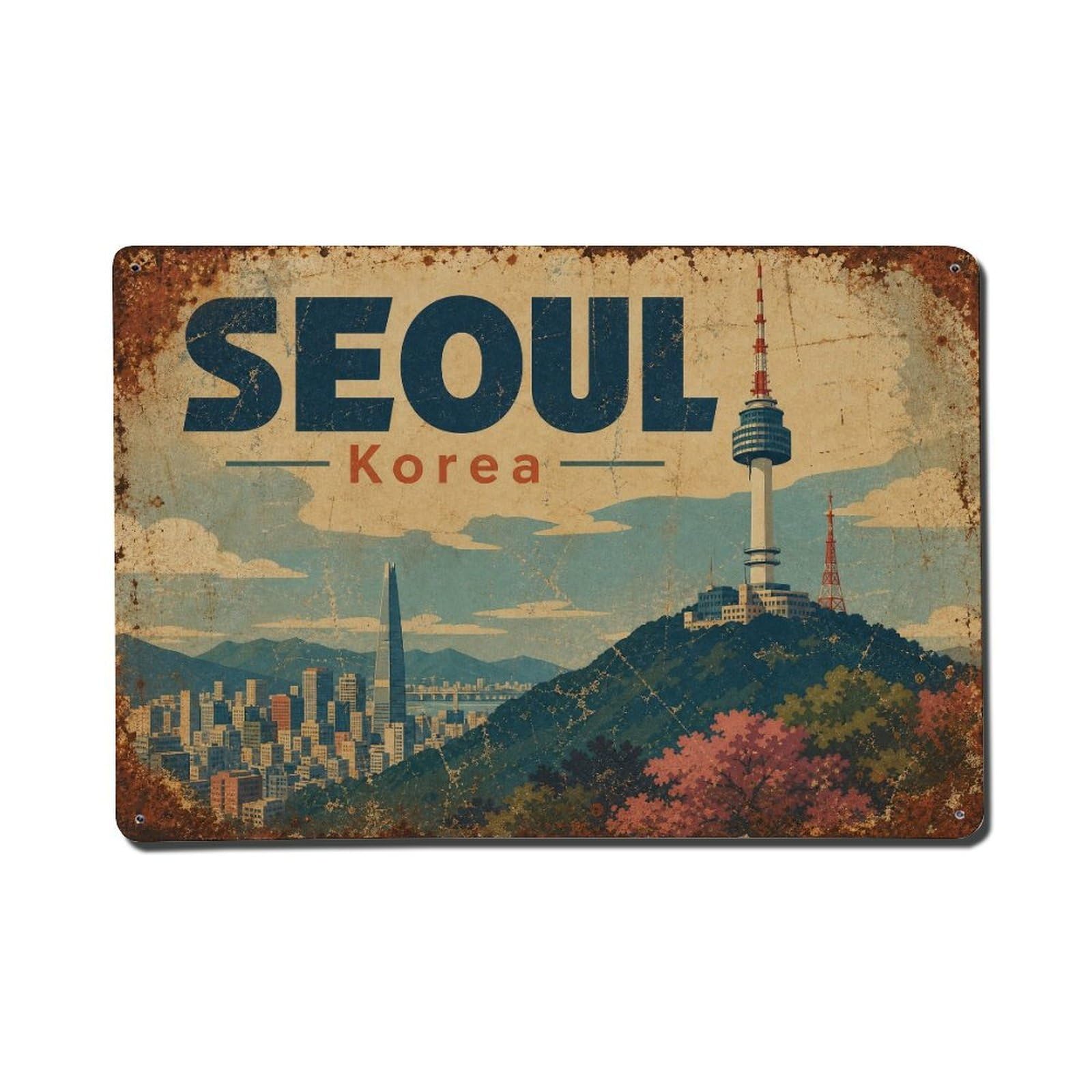 Seoul South Korea City Tower Landmark Cityscape Travel Metal Tin Sign