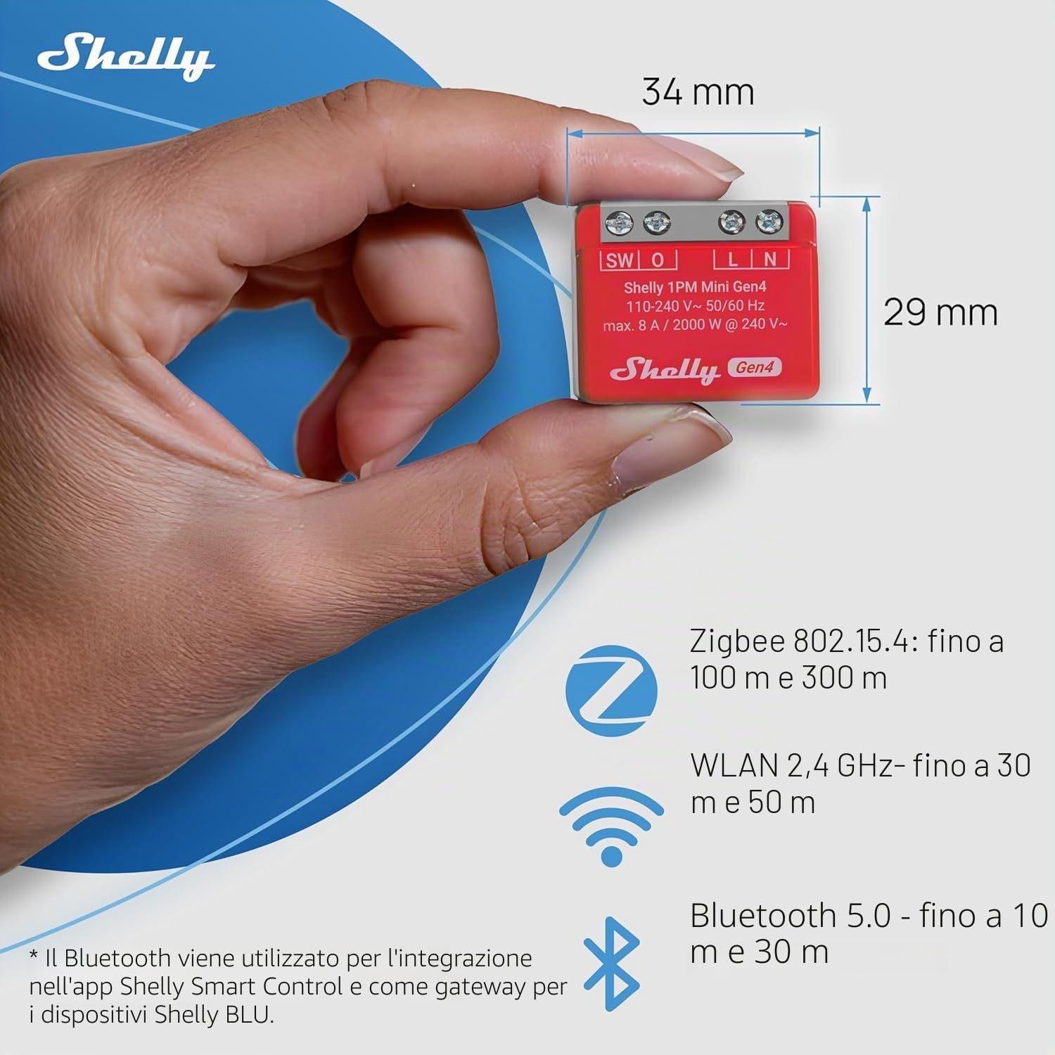 Shelly 1PM Mini Gen4, interruttore relè intelligente con funzionamento Wi-Fi, 1 canale, 8A, misurazione della potenza, automazione domestica, nessun hub necessario, Alexa, Apple HomeKit & Google Home