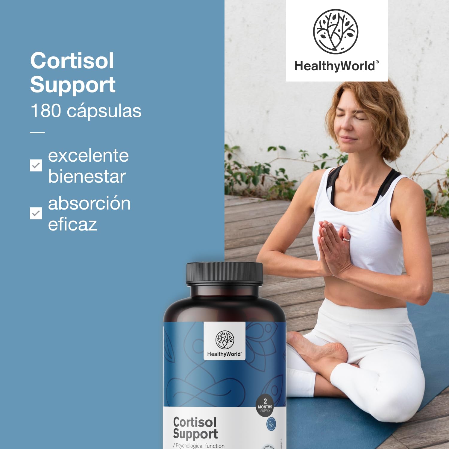 HealthyWorld Cortisol Support - 180 cápsulas - Ashwagandha, Rodiola, L-Teanina, Zinc, Pimienta Negra, Vitamina C1, B1, B5, B6 - Para el Equilibrio Hormonal - Fórmula Vegetariana
