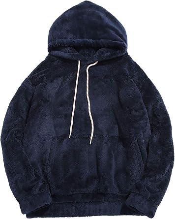 ZEZCLO Mens Solid Fluffy Sherpa Hoodie Oversized Hooded Pullover Winter Fuzzy Sweatshirt Outwear with Kangaroo Pocket