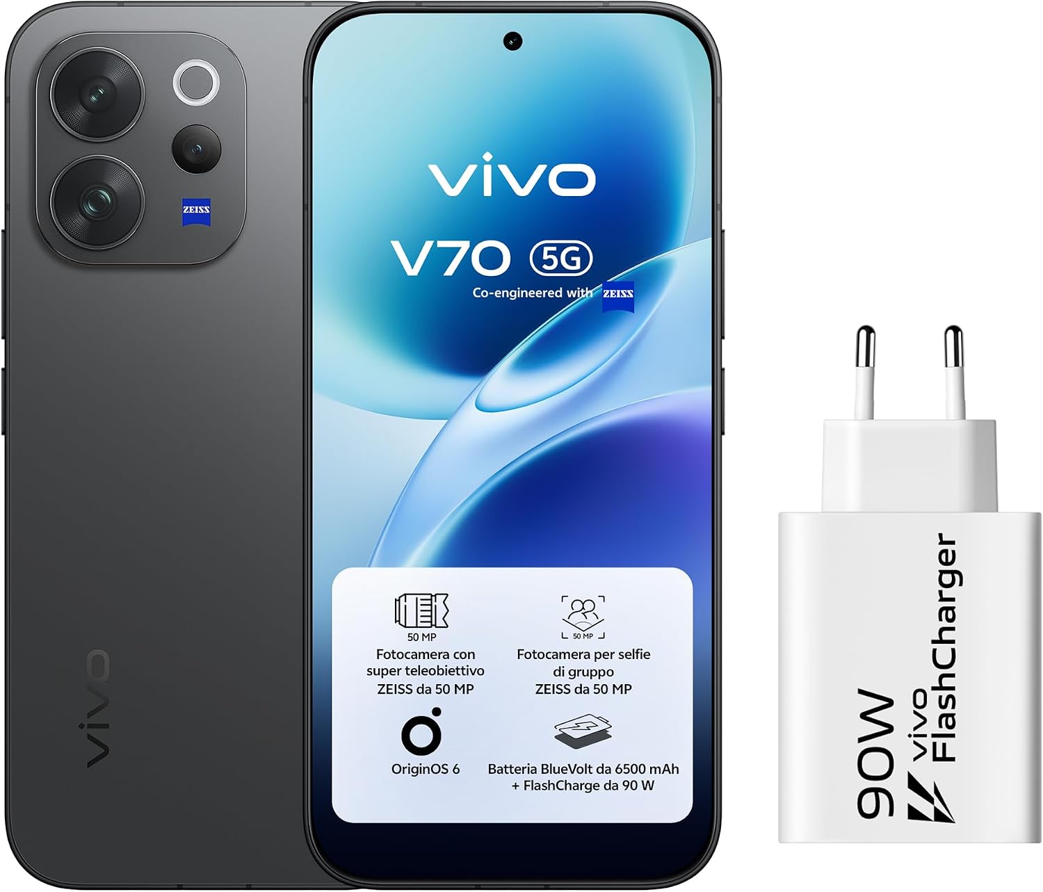 vivo V70 5G Smartphone 8GB RAM + 512GB Fotocamera ZEISS 50MP con Super Teleobiettivo Video 4K Display OLED 659 1.5K Batteria 6500mAhIP68/IP69 Android 16NFC90W Charger in Omaggio