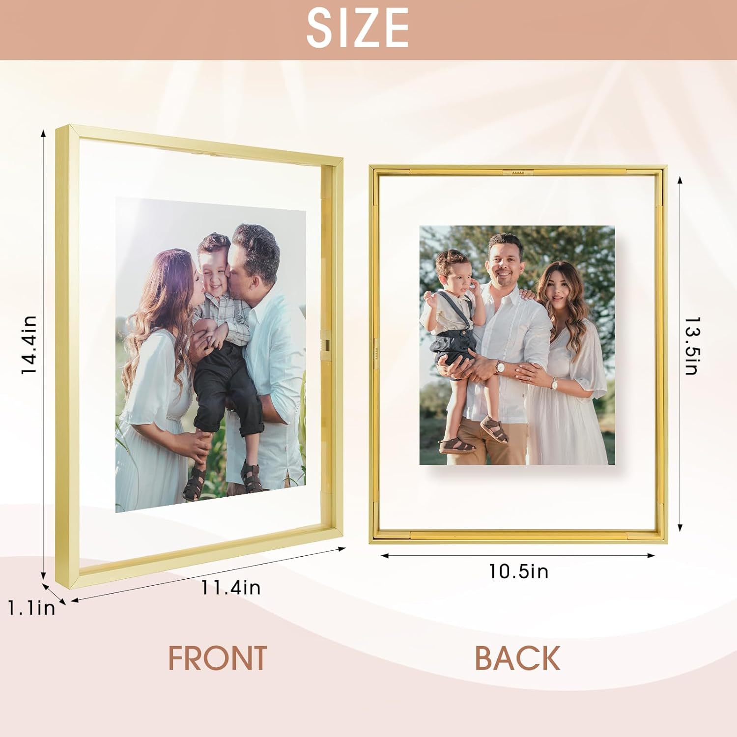 Golden State Art, 11x14 Floating Frame, Gold Aluminum Picture Frame, Clear Glass Displays Any Size Photo up to 11 by 14, Home Gallery Wall Decoration, Display Horizontal and Vertical