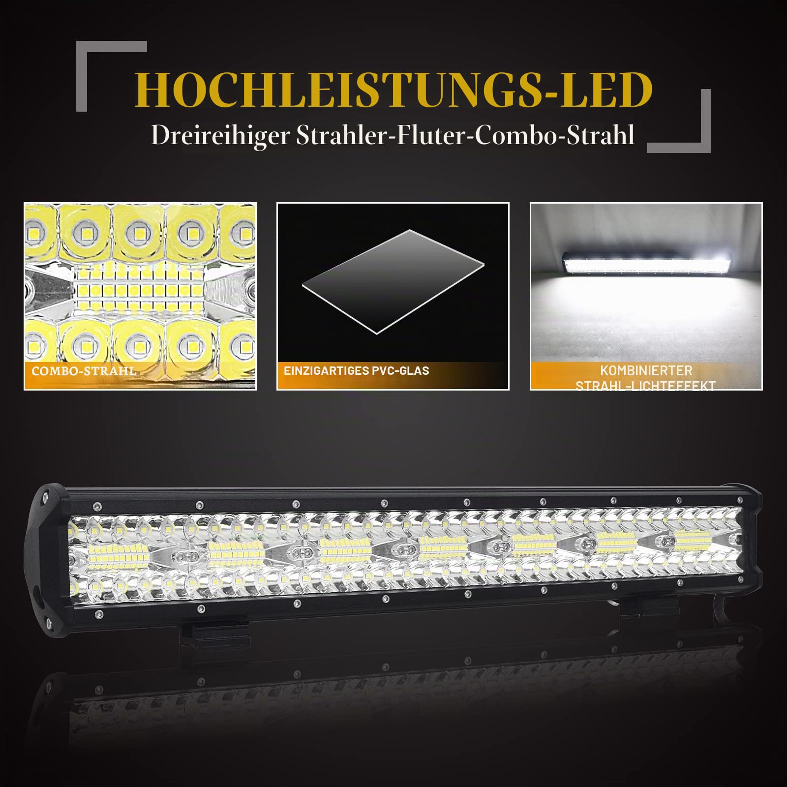 SKYWORLD 50.8 cm 420W LED Arbeitsscheinwerfer Bar 12V 24V Spot-Flood-Kombistrahl Zusatzscheinwerfer LED-Lichtleiste mit schwarzer Kennzeichenhalterung Kabelbaum-Kit für LKW PKW ATV SUV 4x4 LKW Coche | Dreireihige Spot Flood Led Lichtleiste Zusatzscheinwer
