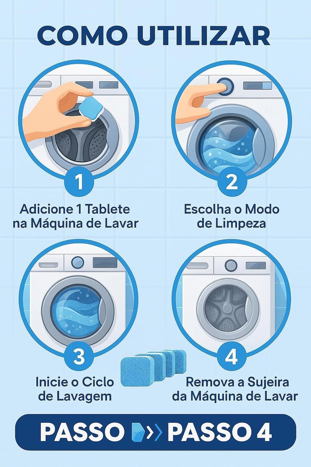 Kit 10 Tabletes de Limpeza para Máquina de Lavar – Limpador Efervescente Potente contra Manchas e Odor