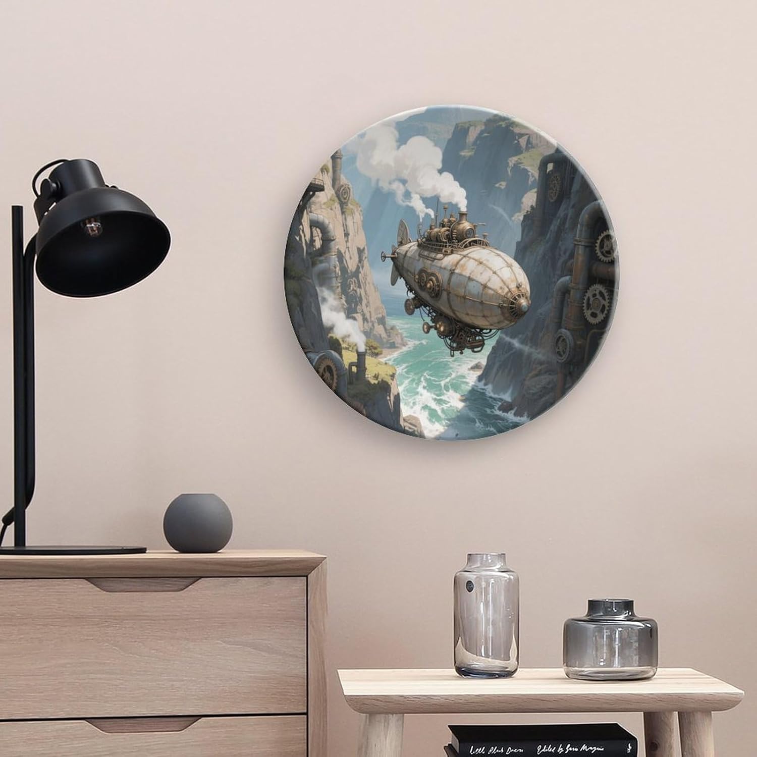 Bone China Decorative Plates Steam Airship Canyon Ceramic Decorative Plate Wall Decor with Display Stand Ceramic Ornaments for Wall Hanging Decoration