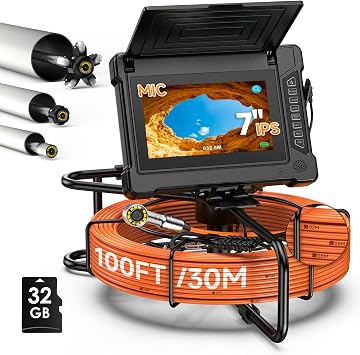 Oiiwak Sewer Camera 100ft, Drain Pipe Inspection Camera with 7" IPS HD Screen, DVR & Audio Recorder Industrial Borescope Camera for Plumbing Drain Pipe Inspection, IP68 Waterproof, 32GB Card, 12 LEDs