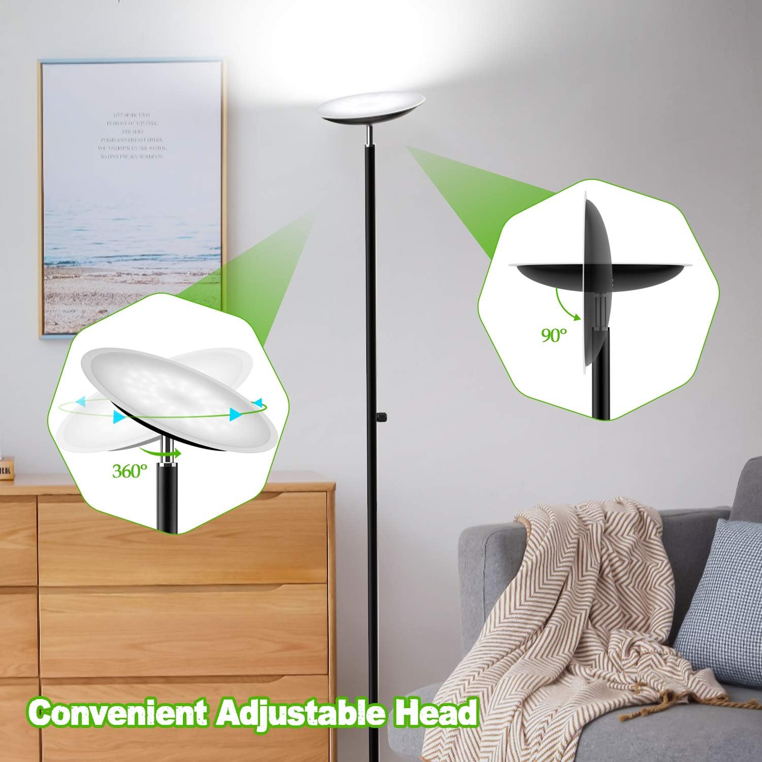 Lakumu Torchiere LED, Stepless Dimmable, Tall Free Standing Light, 5000K Daylight White, Modern Sky Lamp, Super Bright Floor Lamp for Living Room Office Bedroom, Matte Black