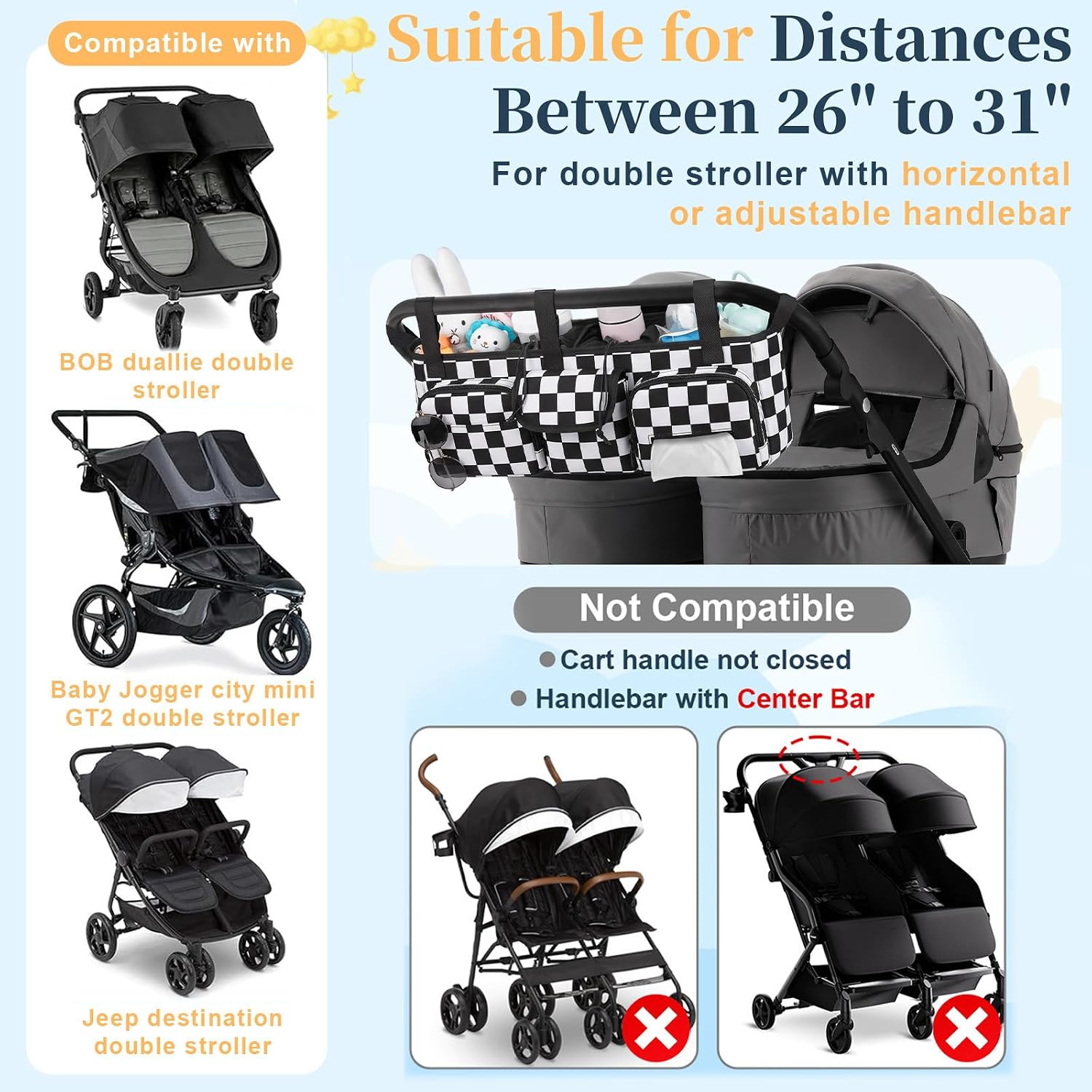 Double Stroller Organizer Compatible with Bob Duallie, with Cooler Bag image 2