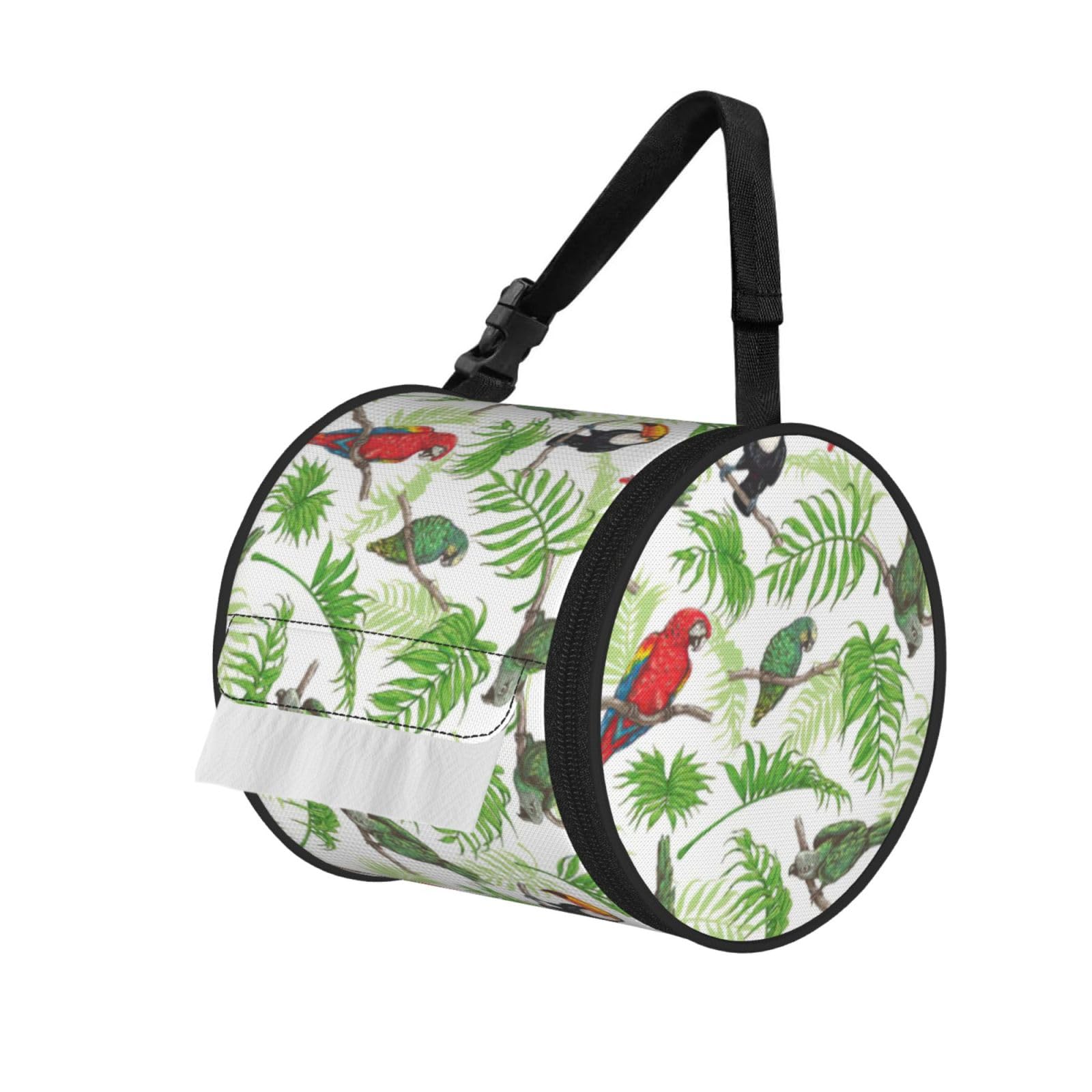 Parrot Birds and Tropical Tree Printed Hanging Tissue Organizer, Smooth Zipper Oxford Cloth Roll Holder for RV Bathroom Desk