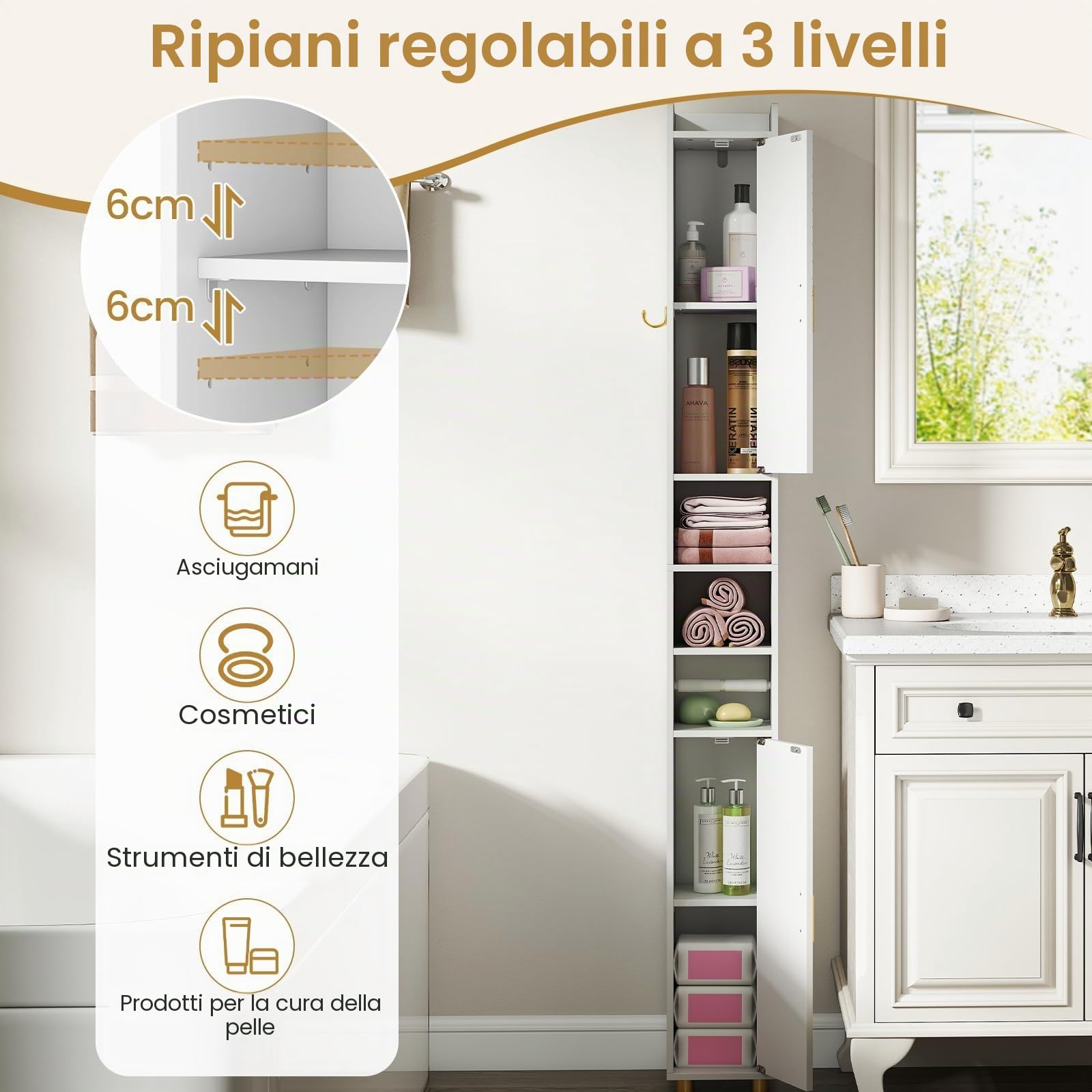 FANTASK Armadio alto sottile con ripiani regolabili, porta carta igienica e ganci laterali, per cucina e bagno, 20 x 20 x 179 cm (bianco)