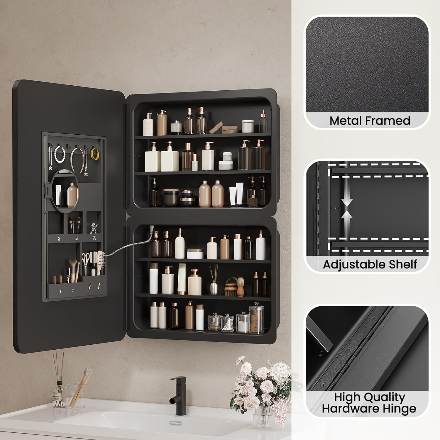 24x36 Inch LED Lighted Medicine Cabinet with Mirror for Bathroom, Wall Mounted or Recessed Mirror Cabinet with 3X Magnifying Mirror, Adjustable Storage Shelves, Modern Design
