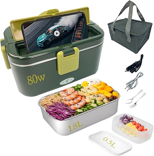 Fiambrera eléctrica de 1.8 litros más grande de 80 W, calentador de alimentos de calentamiento rápido para adultos, lonchera de autocalentamiento