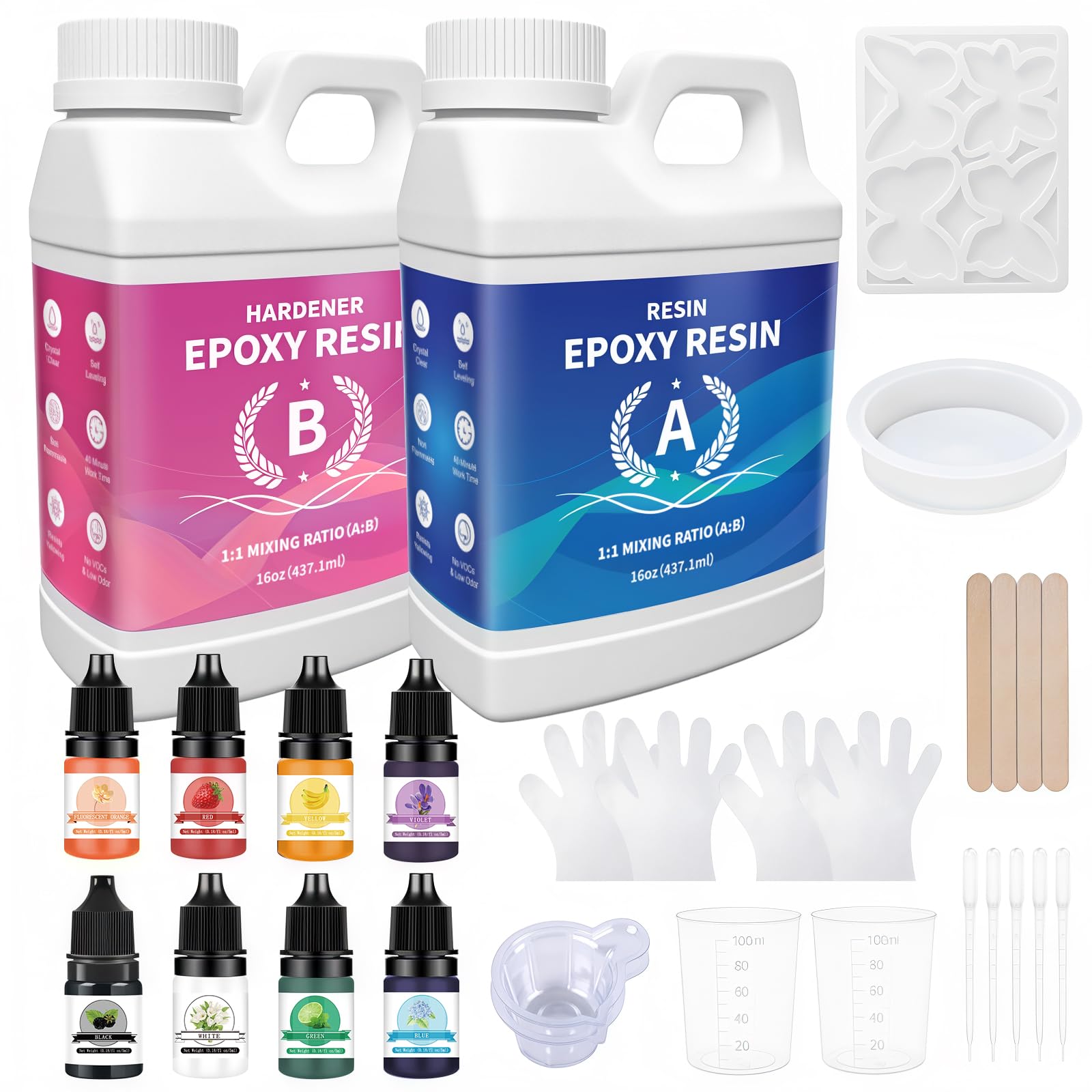 Crystal Clear Epoxy Resin Kit 32oz, High Gloss Bubble-Free Coating & Casting for DIY Art, Jewelry Making, River Tables - 1:1 Ratio with Measuring, Silicone Mold and Usage Tools​