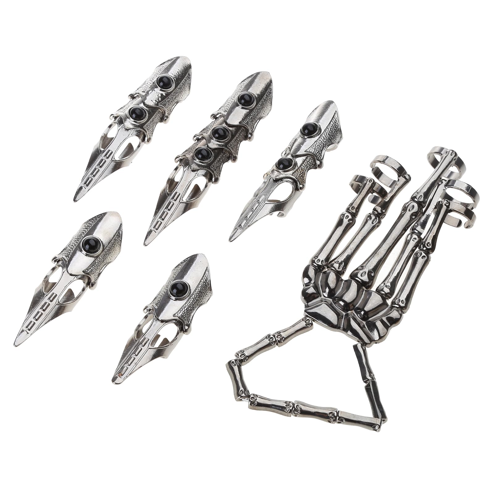 TEMOOUES Gothic Punk Skeleton Hand Glove Adjustable Metal Finger Claw Skeleton Full Finger Rings for Halloween Cosplay and Party