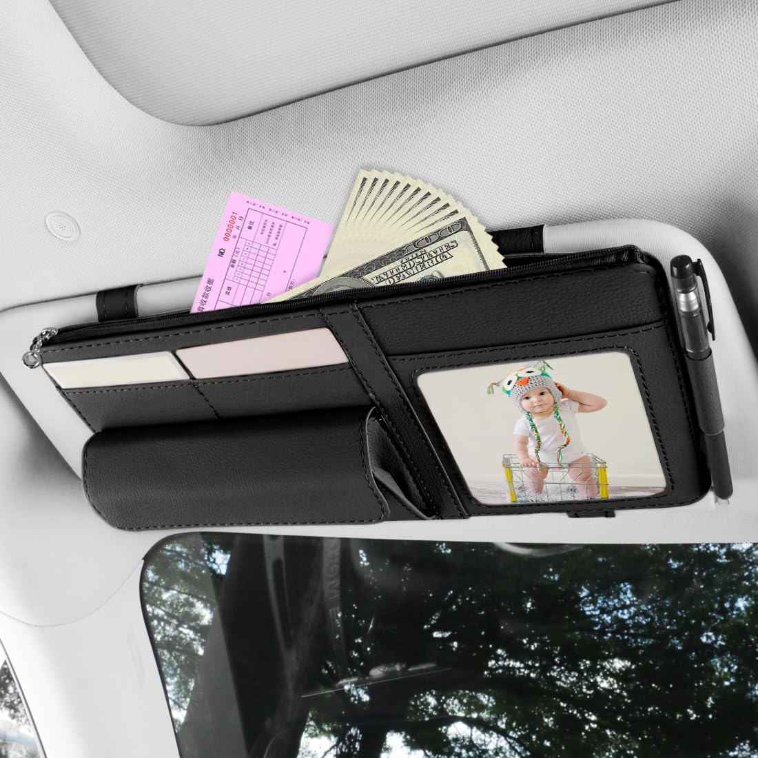 Car Sun Visor Organizer, Visor Storage Pouch Holder with a Picture Frame, Visor Document Holder for Truck, with Sunglasses Clip, Essential Visor Accessories for Driver Auto Owners BLack