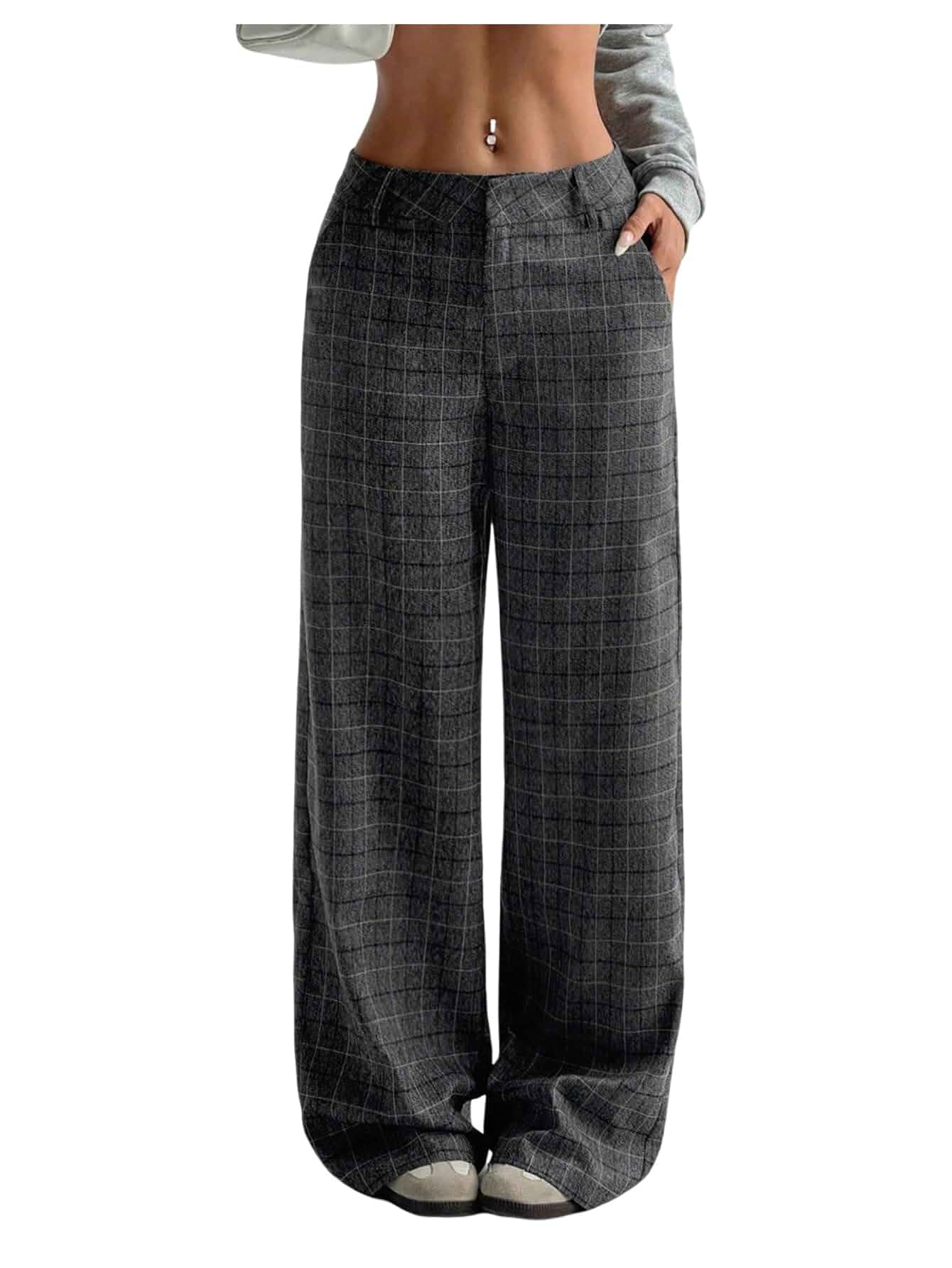 GORGLITTER Women's Plaid Low Rise Pants Trousers Baggy Wide Leg Dress Pants Brown Gingham Pants for Casual Travel Work, Tweed Checkered Slack Pants, Dressy Business Outfits