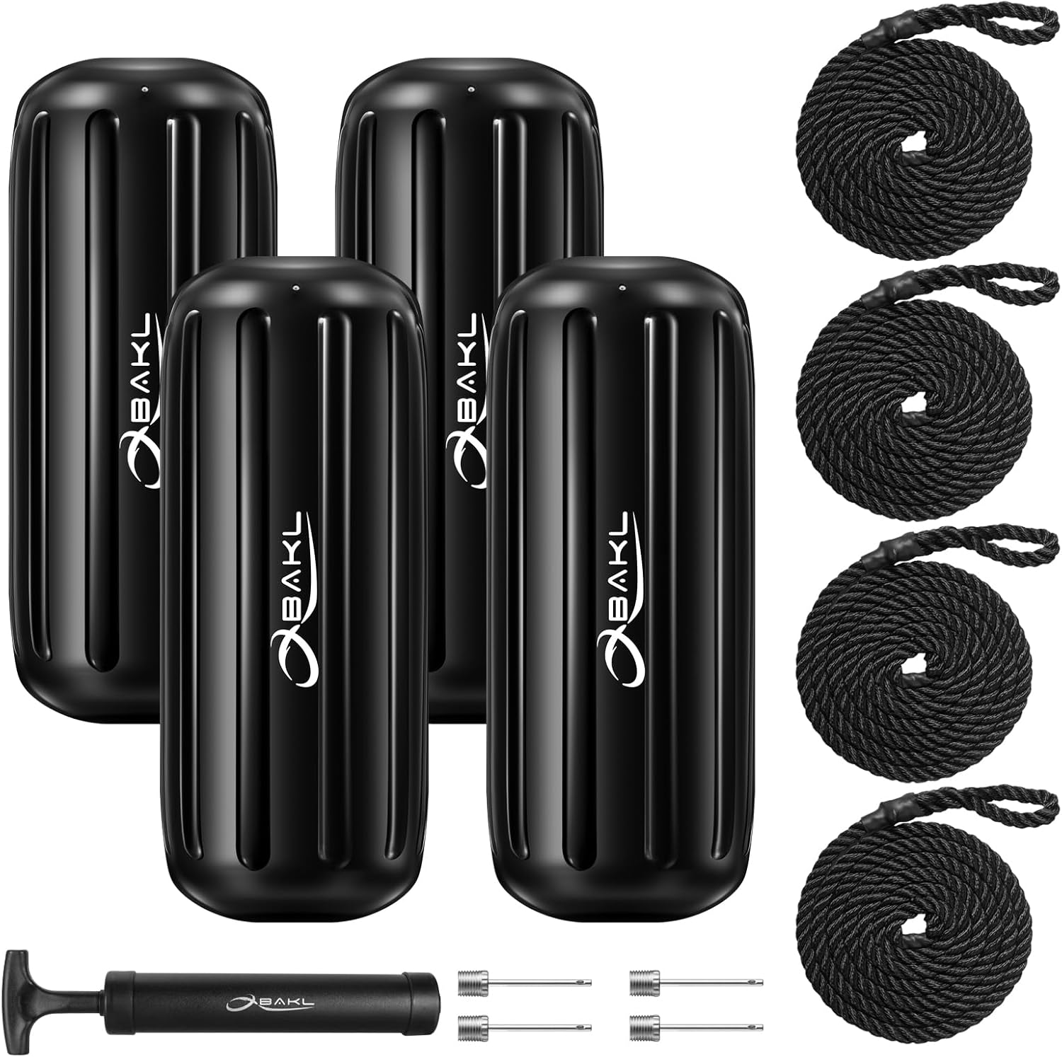 Boat Fenders 4 Pack 8 x 20 Inches Ribbed Center Hole Boat Fenders Bumpers for Docking, Comes with Ropes and Pump to Inflate