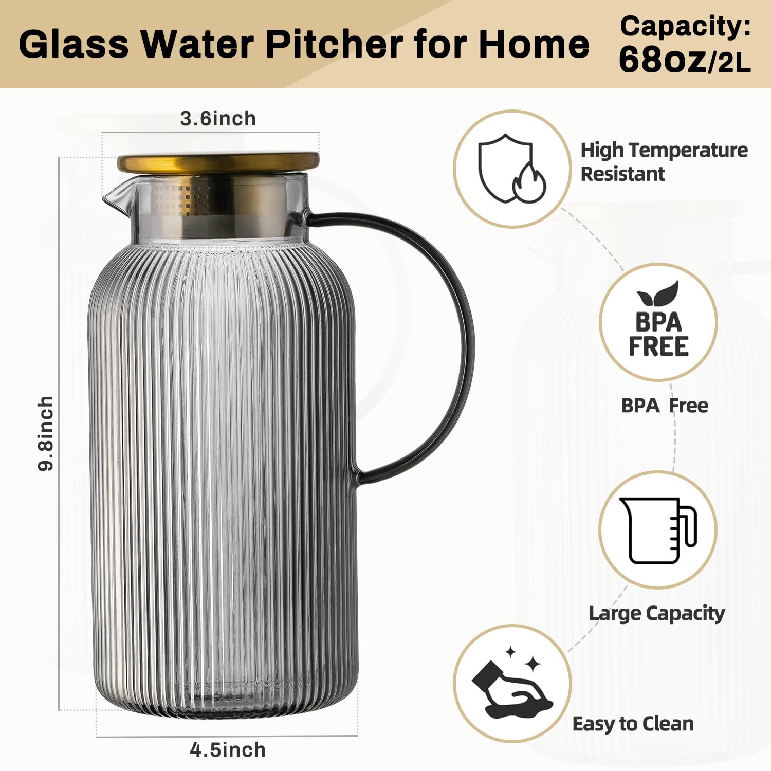 Buaic Glaskrug mit Deckel, 2 Liter, grau, klassische vertikale Streifen, Wasserkaraffe für kaltgebrühte Getränke, Kaffee, Limonade, Eistee, Getränke, hitzebeständig, Wasserglas-Krug