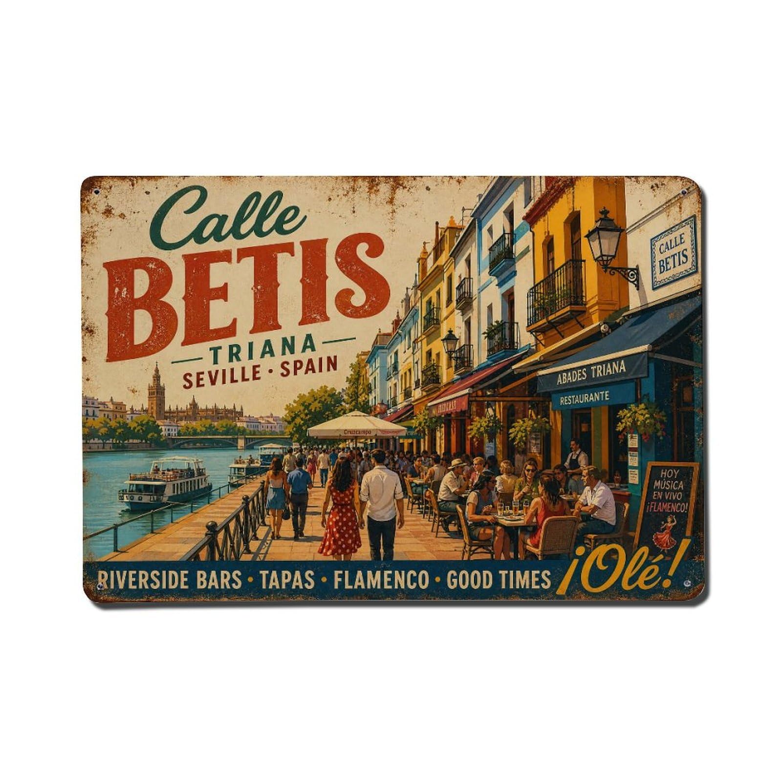 Vintage Travel Calle Betis Seville Riverside Promenade Metal Tin Sign