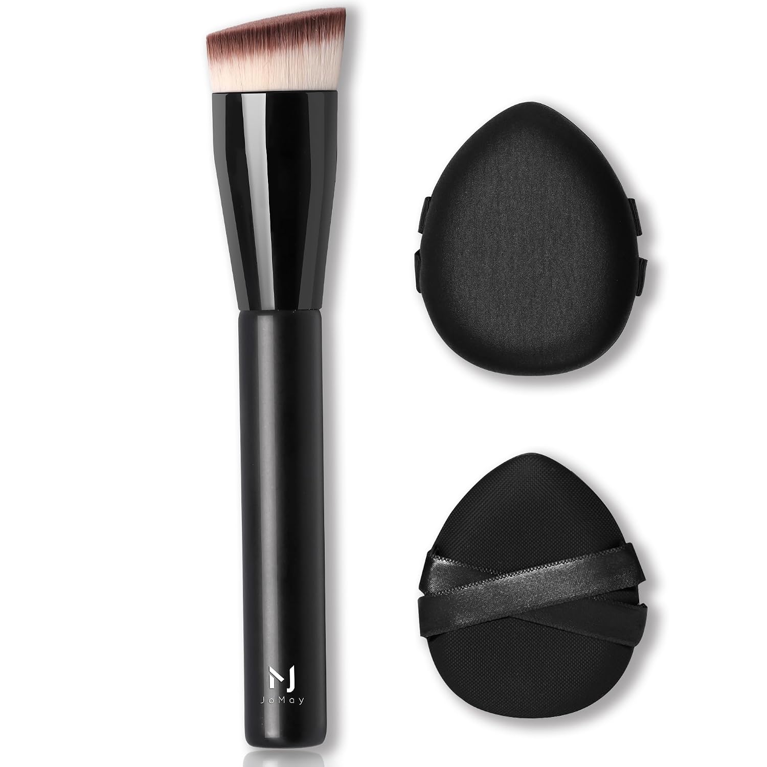 Foundation Brush and 2 Makeup Puffs Set for Liquid Foundation, Angled Flat Top Makeup Brush with Detail Refining Puffs, Dense Synthetic Bristles for Smooth Even Coverage, Cream Powder Base Makeup Tool