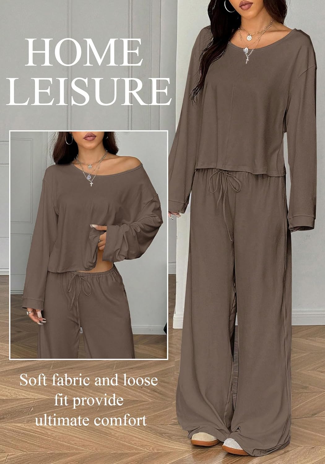 Two Piece Matching Lounge Sets For Women Vacation Airport Fall Outfits Off Shoulder Sweatshirt Wide Leg Sweatpant Set - Image 5