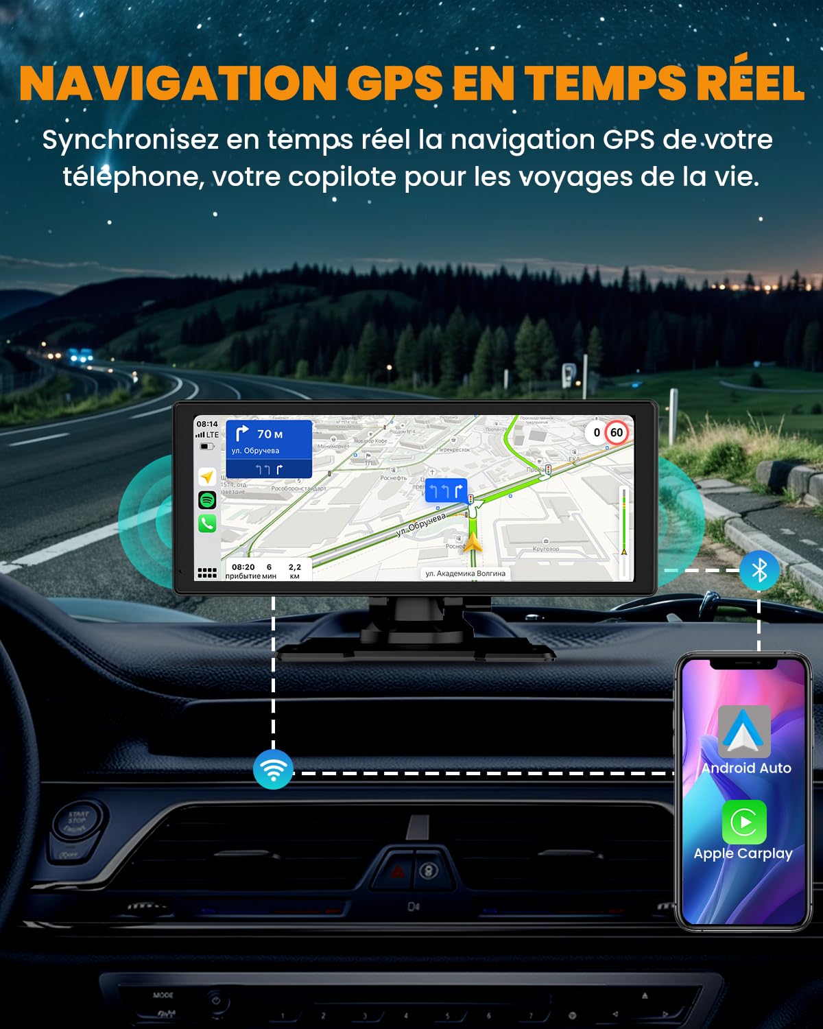 Carplay Voiture, 8.88" Autoradio Carplay pour Apple & Android avec HD 1080P Camera de Recul & Caméra Frontale, Navigation GPS, Bluetooth 5.2, Commande Vocale Mains Libres, Mirror Link, AUX, FM