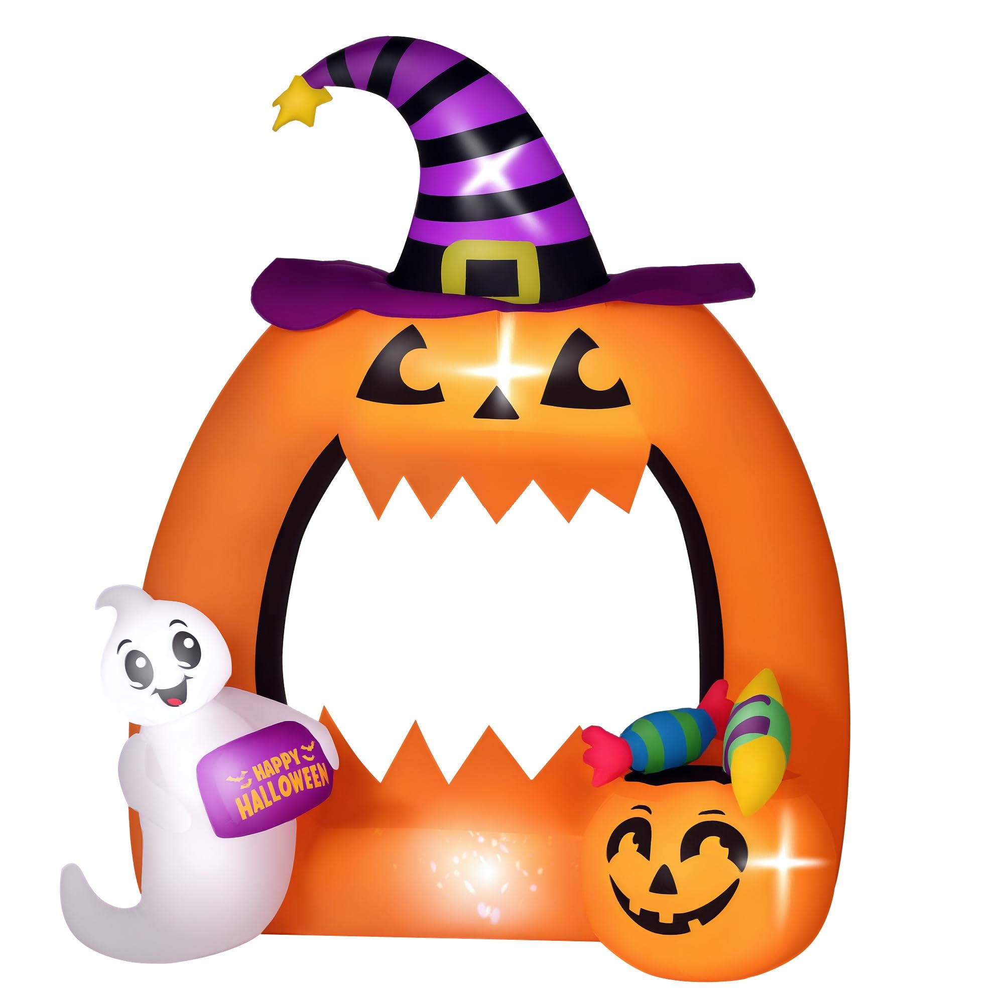 Outsunny Arche de Citrouille Gonflable d'halloween de 150H cm avec fantôme Mignon, décoration d'halloween Gonflable avec lumières LED pour pelouse, Jardin, Cour