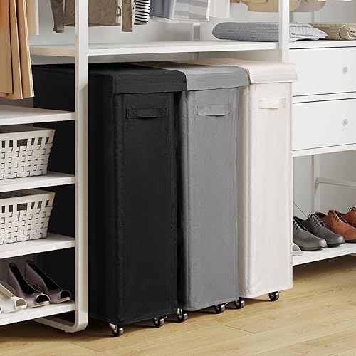 Miniatura 7 de Chrislley Cesta de lavandería delgada de 65 litros con tapa, cesta de lavandería estrecha con ruedas plegable mejorada, cesta de ropa sucia portátil