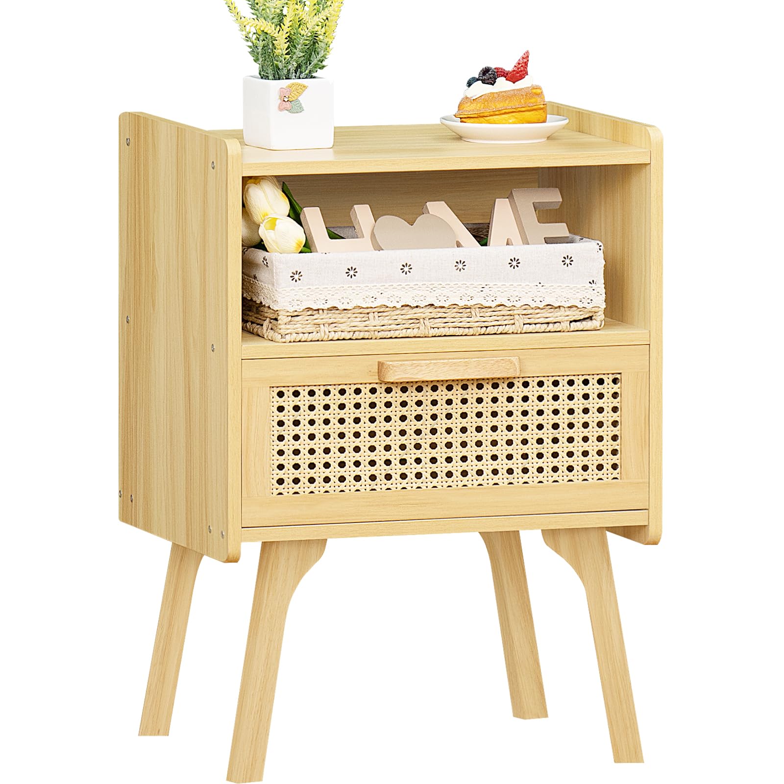 Lerliuo Rattan-Nachttisch Set, 2 Stück – Boho Beistelltisch Mit Schublade & Offenem Regal, Massivholzbeine