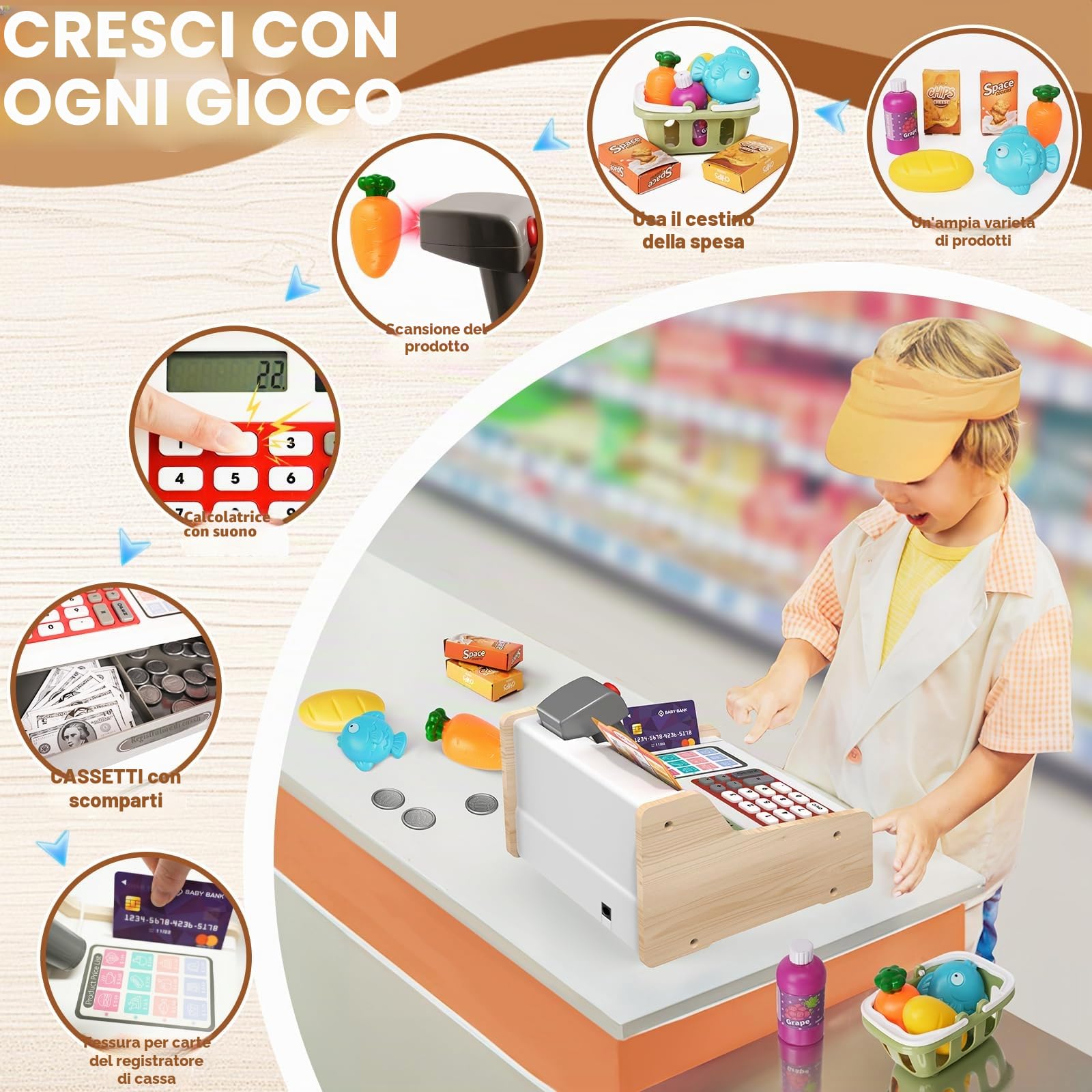 2025 Registratore di Cassa Giocattolo in Legno con Calcolatrice Scanner Giochi per Bambini 3+ Anni, Giocattoli Negozi di Giochi Finti Regali Educativi per Ragazze Ragazzi 3 4 5 6 7Anni, Bianco&Grigio