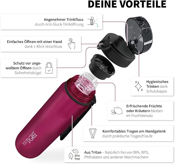 720°DGREE Trinkflasche “uberBottle“ 350ml, 500ml, 650ml, 1l softTouch +Früchtebehälter - Auslaufsicher, BPA-Frei - Schmale Wasserflasche für Kinder, Schule, Sport, Fahrrad, Gym, Fitness, Outdoor - 2