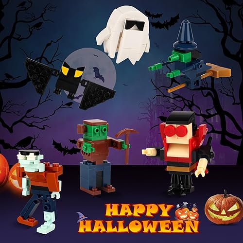 Miniatura 6 de Caja de bloques de construcción de Halloween, 12 piezas de huevos sorpresa de Halloween con juguetes de zombi, esqueleto, bruja, murciélago, bloques