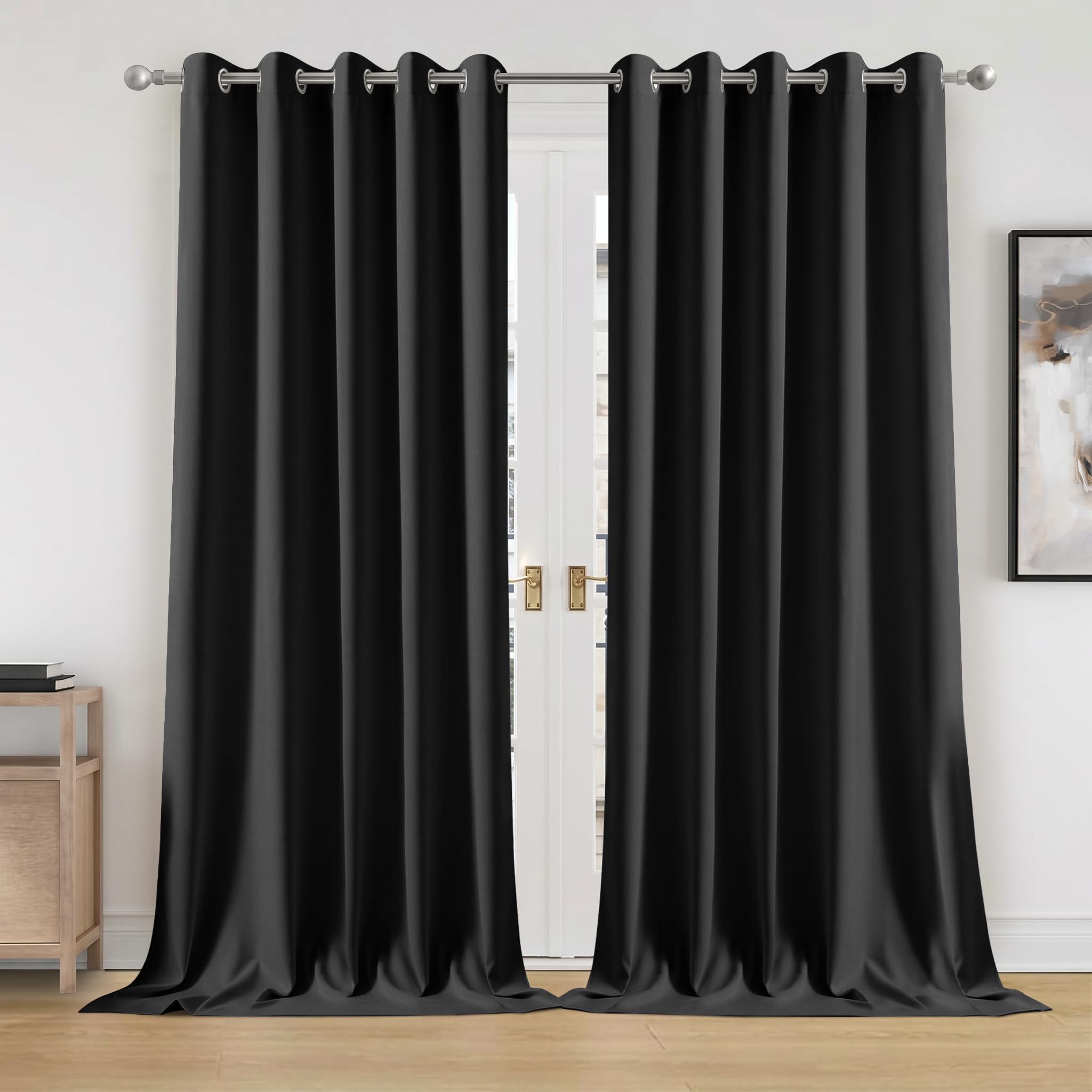 Oxford Homeware Blackout Curtains for Bedroom 90x72 Inch Black Eyelet Curtains for Living Room Privacy Protection Thermal Insulated Curatins 2 Panels with Tiebacks — image 1