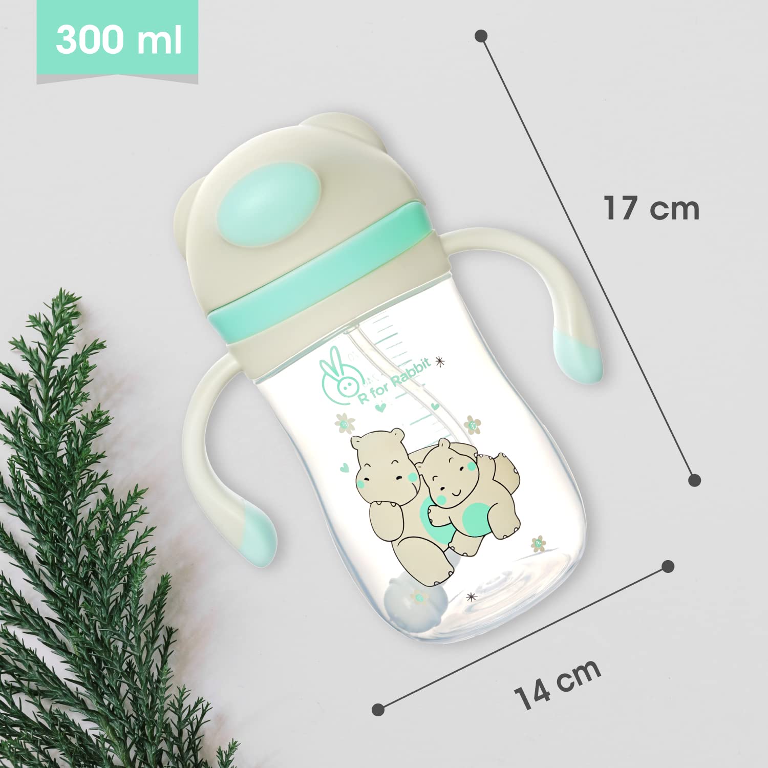 R for Rabbit Premium Hippo Baby Straw Sipper Bottle |10 fl oz | Anti Spill Sippy Cup with Soft Silicone Straw BPA Free & Non Toxic for Baby or Kids of 12 Months -(300 ml Green) - Image 2 thumbnail