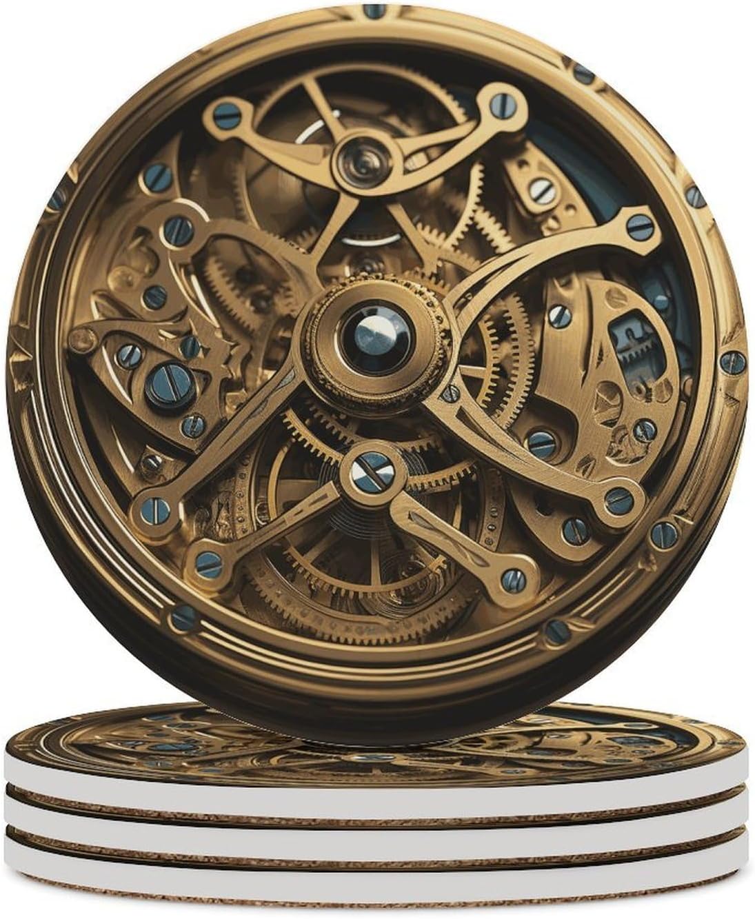 6PCS Cool Steampunk Gears Coasters Non-Slip Round Drink Coasters with Ceramic Stone and Cork Base, Heat Resistant Absorbent 33.00Stone Coaster Set for Kinds of Mugs and Cups, 4 Inch