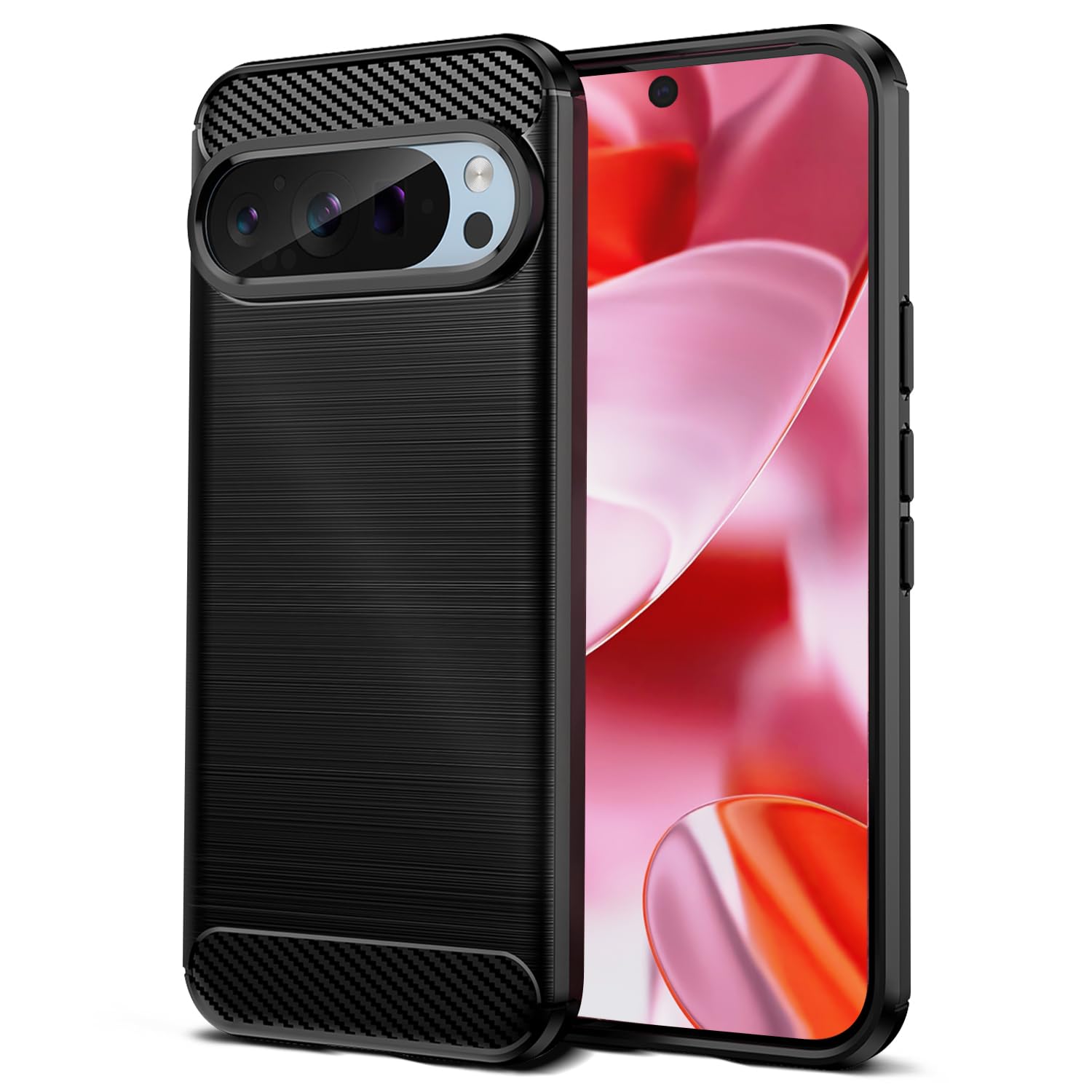 Qiinogow Case Compatible with Google Pixel 9/9 Pro, Slim Fit Phone Cover with Shock-Absorption, Carbon Fiber TPU Rubber Protective Case, Black