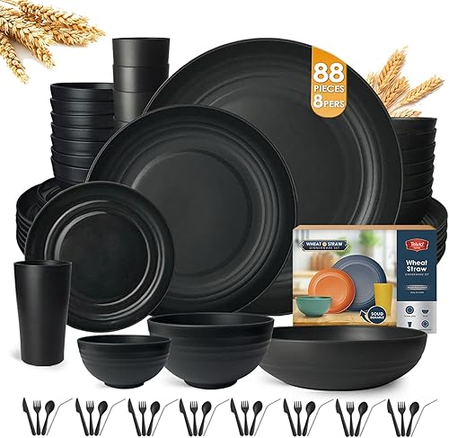 Miniatura 8 de Teivio Juego de vajilla de paja de trigo de plástico de 88 piezas para 8, platos para cena/postre/tibits, cuencos para cereales y frutas, vasos,