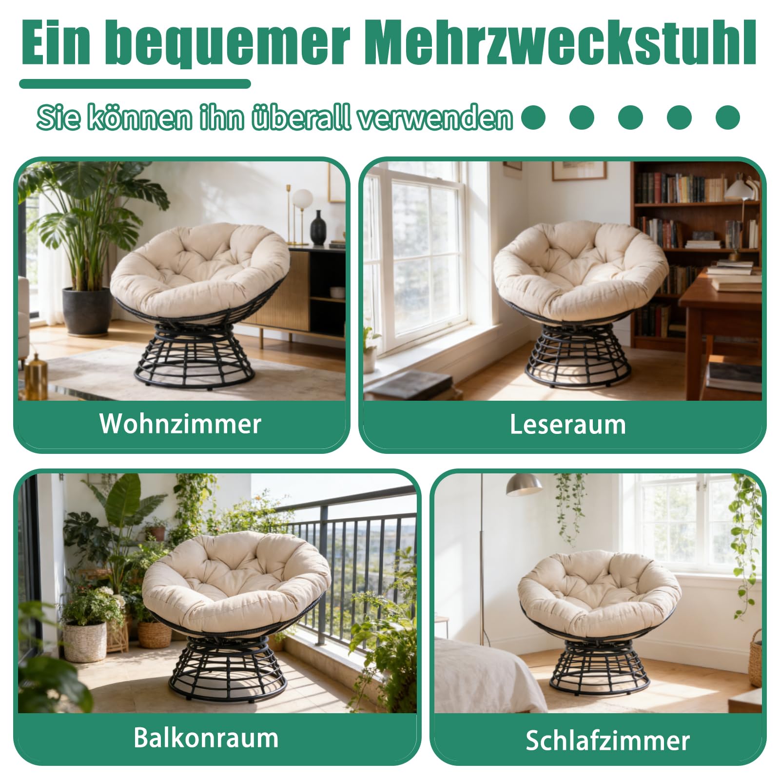 43" Ergonomischer 360°drehbarer Papasan-Sessel runder Korbsessel mit dickem Kissen Loungesessel für Wohnzimmer Schlafzimmer Leseecke Innen- Außenbereich, hellgraue Polsterung schwarzes Gestell