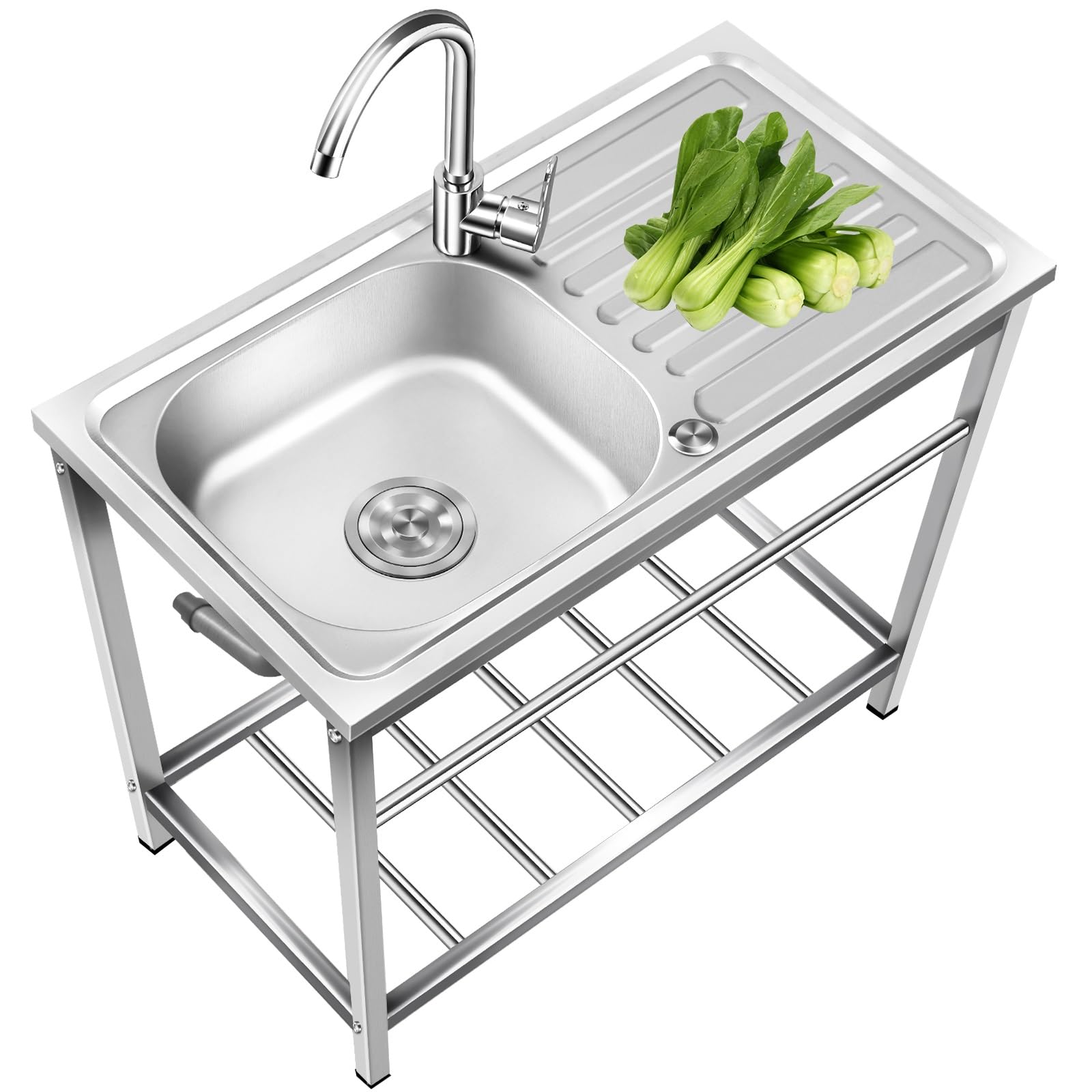 Évier de cuisine autoportant en acier inoxydable avec une cuve et étagère