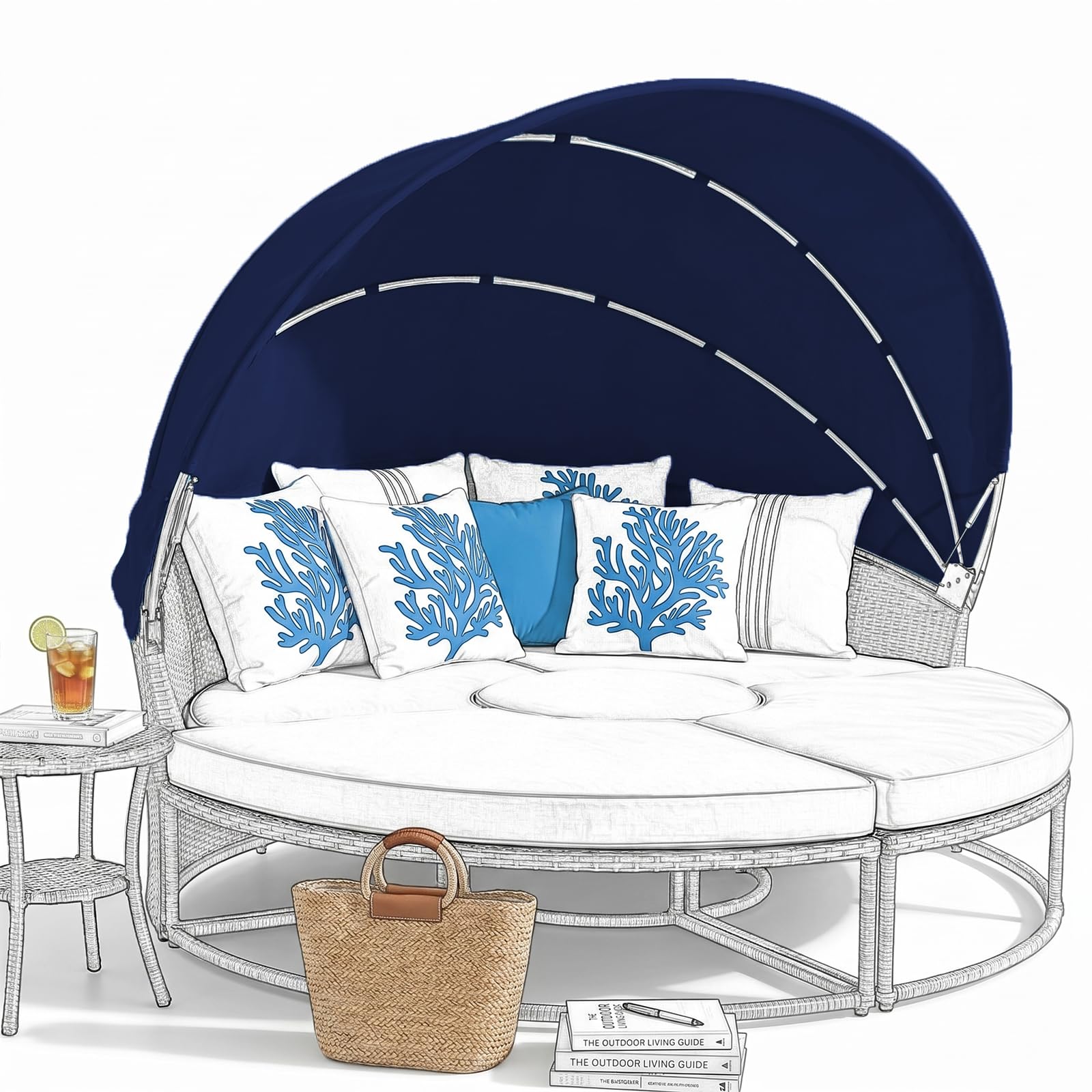 Replacement Canopy for Patio Round Daybed Applicable to Dia 160-180cm, Retractable Top Cover for Outdoor Sunbed, Sun-Resistant and Water-Repellent, Quick Installation (Navy Blue, Dia160~180cm)