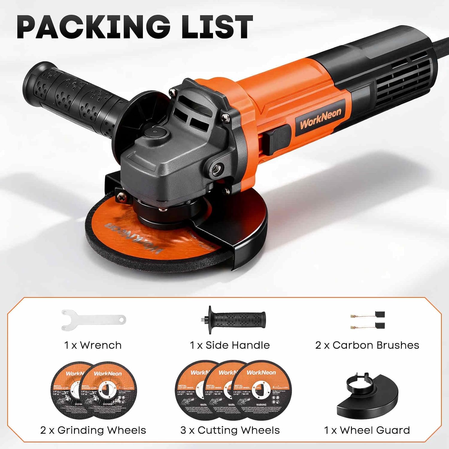 4-1/2 Inch Angle Grinder, 850W 11000RPM High Torque Electric Grinder Tool with Auxiliary Handle, 5pcs Wheels Attachments for Metal Cutting, Polishing & Rust Removal, Slide Switch