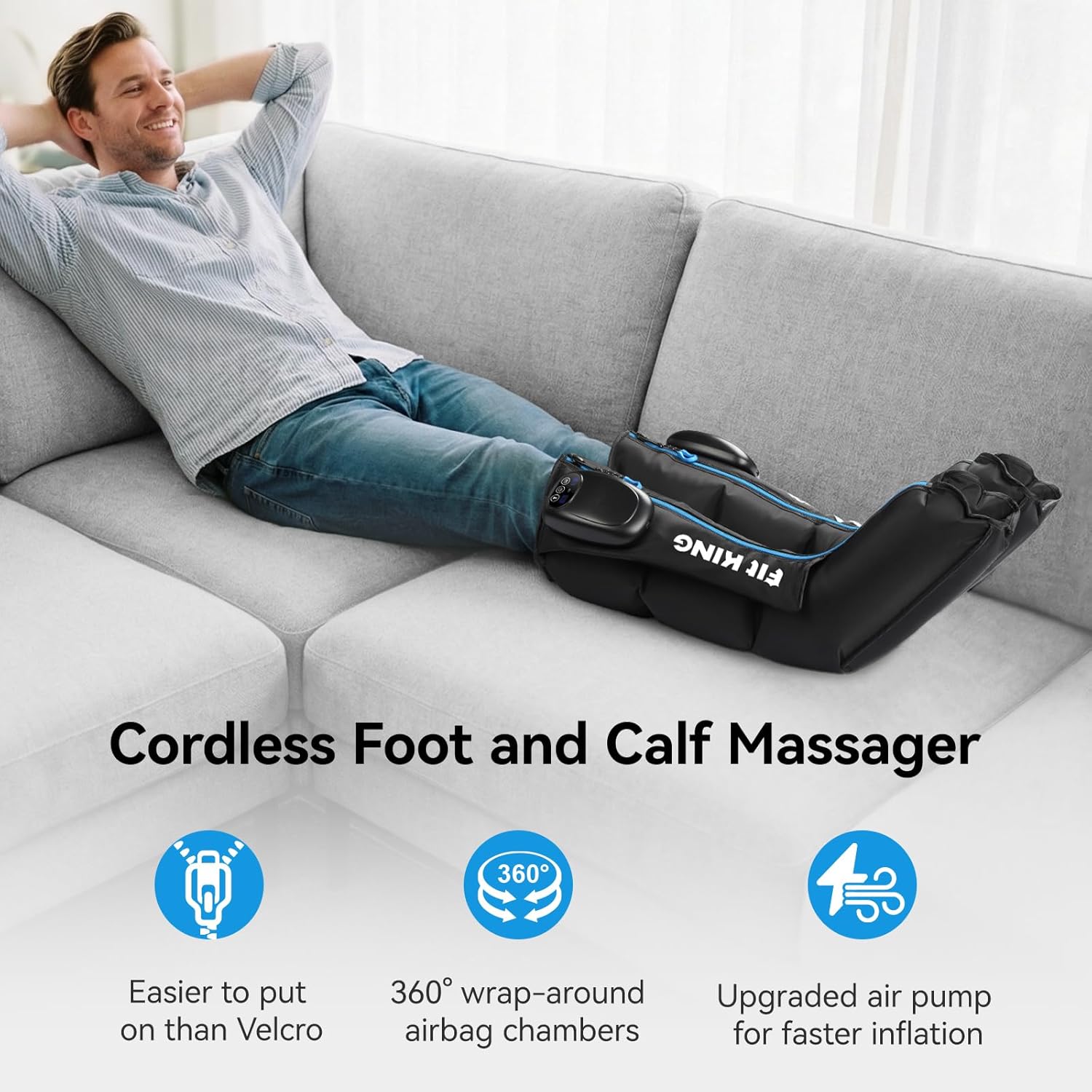FIT KING Cordless Foot and Calf Massage Boots, Air Compression Recovery System with 3 Modes and 6 Levels Intensities, Zipper Design for Easier Wear, Rechargeable for Both Home and Outdoor Use.