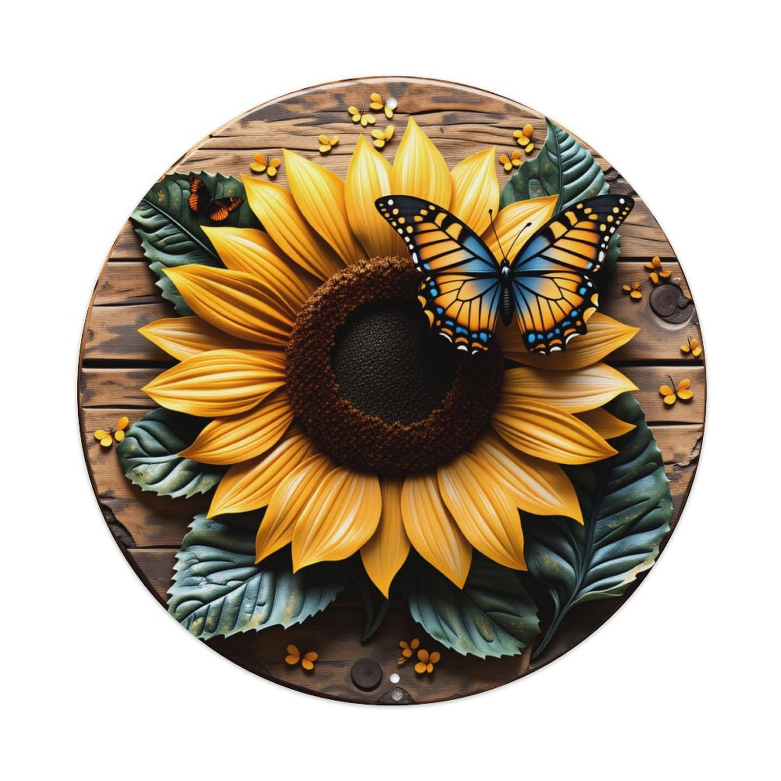 Sunflower Butterfly Wooden Background Leaves Pattern Round Vintage Tin Sign,Retro Wall Art,Metal Poster for Home, Bar, Garage, Cafe, Rustic Indoor & Outdoor Decor, 8x8 Inches