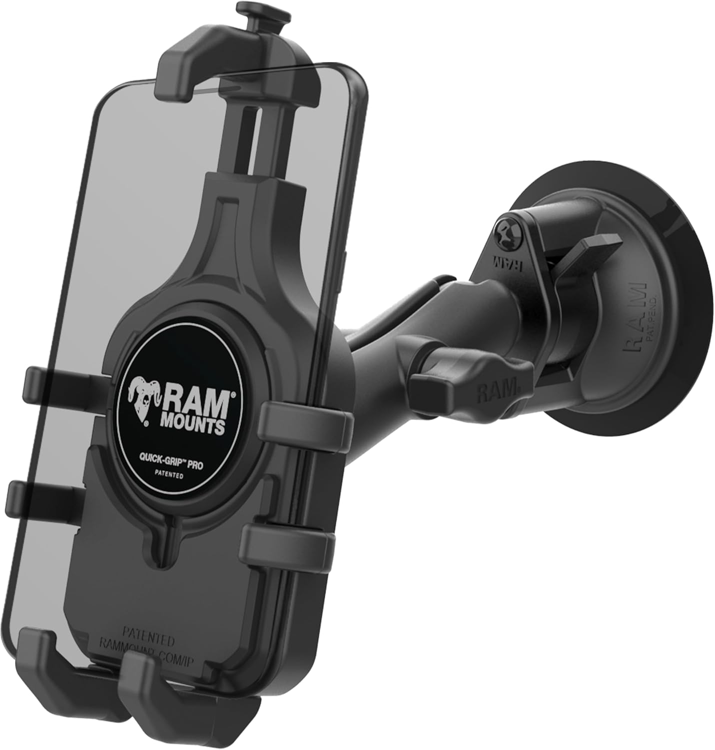 RAM MOUNTS Quick-Grip Pro Phone Mount with Twist-Lock Suction Cup and Medium Arm for Vehicle Windshields RAM-B-166-PD5U